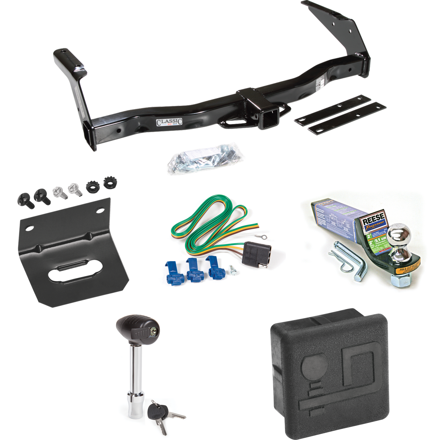 Fits 1981-1994 Dodge B350 Trailer Hitch Tow PKG w/ 4-Flat Wiring + Starter Kit Ball Mount w/ 2" Drop & 1-7/8" Ball + Wiring Bracket + Hitch Lock + Hitch Cover By Draw-Tite