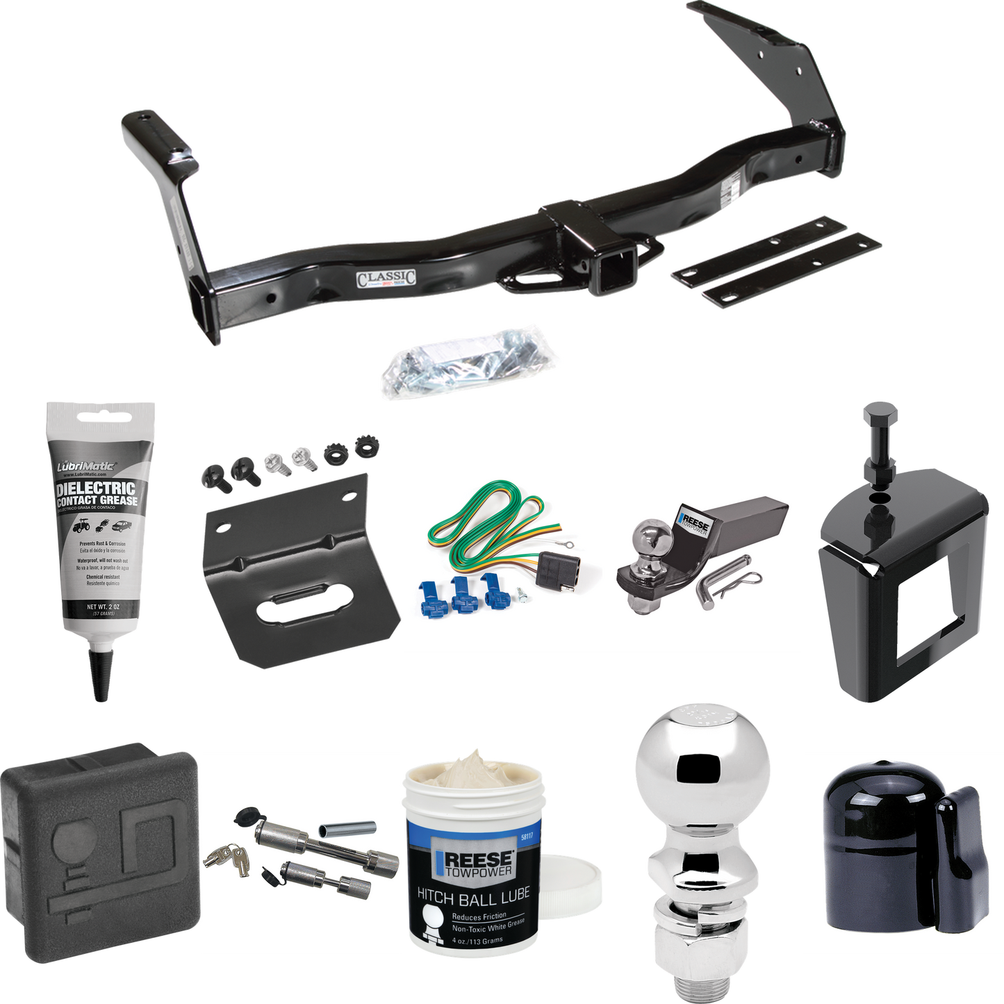 Fits 1978-1980 Dodge B300 Trailer Hitch Tow PKG w/ 4-Flat Wiring + Starter Kit Ball Mount w/ 2" Drop & 2" Ball + 2-5/16" Ball + Wiring Bracket + Dual Hitch & Coupler Locks + Hitch Cover + Wiring Tester + Ball Lube +Electric Grease + Ball Wrench + Ant