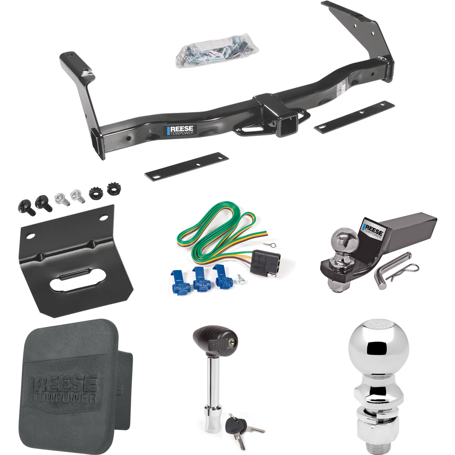 Fits 1995-1998 Dodge B2500 Trailer Hitch Tow PKG w/ 4-Flat Wiring + Starter Kit Ball Mount w/ 2" Drop & 2" Ball + 2-5/16" Ball + Wiring Bracket + Hitch Lock + Hitch Cover By Reese Towpower