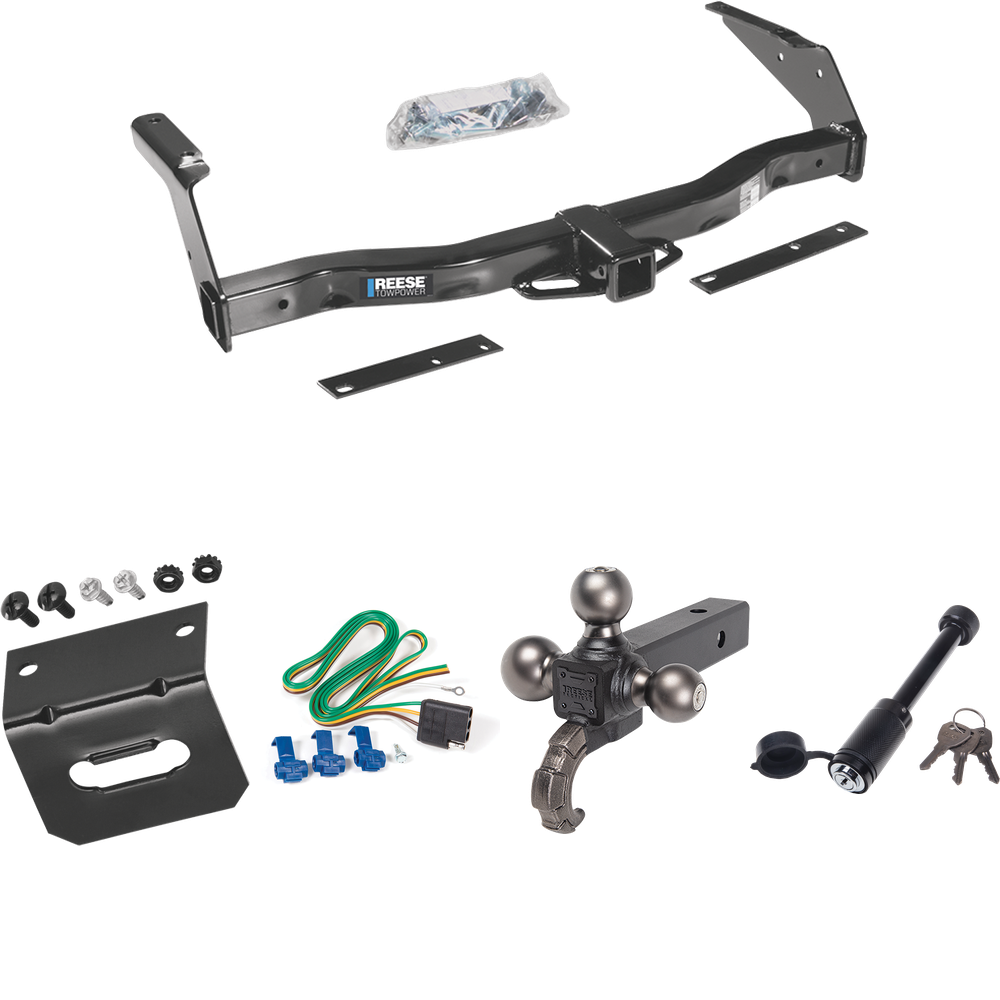 Fits 1995-1998 Dodge B3500 Trailer Hitch Tow PKG w/ 4-Flat Wiring + Triple Ball Tactical Ball Mount 1-7/8" & 2" & 2-5/16" Balls w/ Tow Hook + Tactical Dogbone Lock + Wiring Bracket By Reese Towpower