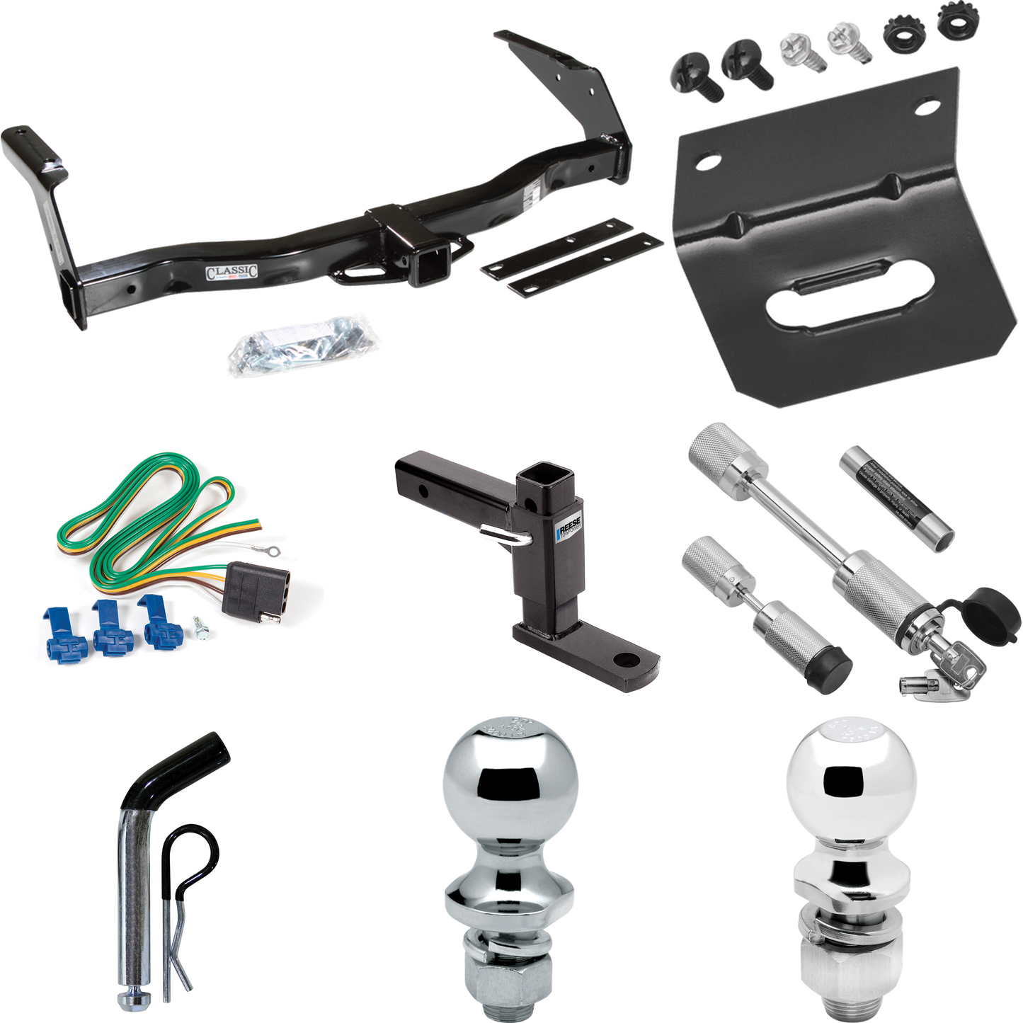 Fits 1978-1980 Dodge B300 Trailer Hitch Tow PKG w/ 4-Flat Wiring Harness + Adjustable Drop Rise Ball Mount + Pin/Clip + 2" Ball + 1-7/8" Ball + Dual Hitch & Coupler Locks By Draw-Tite