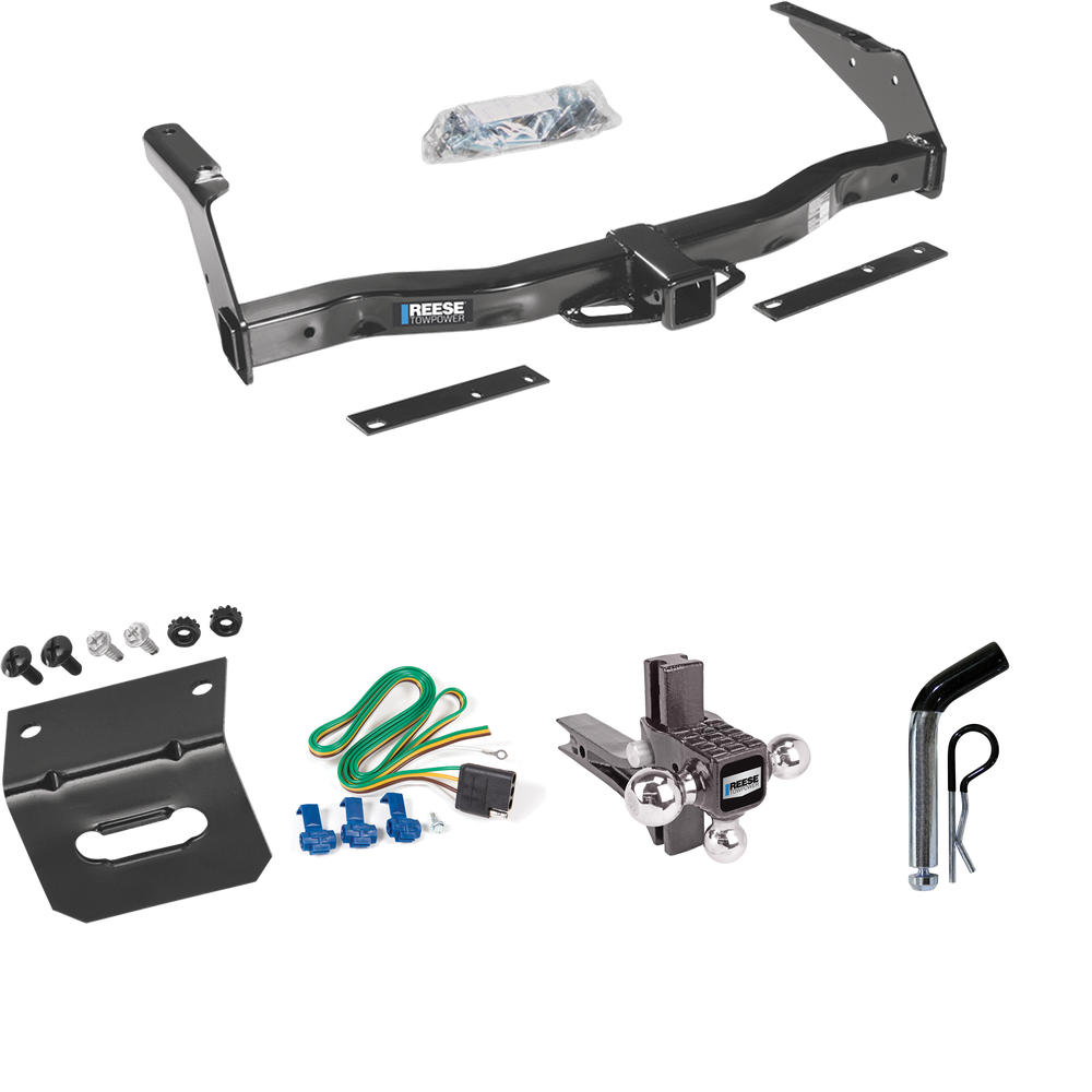 Fits 1995-1998 Dodge B3500 Trailer Hitch Tow PKG w/ 4-Flat Wiring Harness + Adjustable Drop Rise Triple Ball Ball Mount 1-7/8" & 2" & 2-5/16" Trailer Balls + Pin/Clip + Wiring Bracket By Reese Towpower