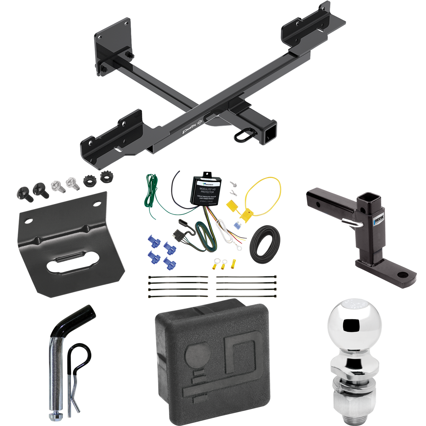Fits 2012-2015 Mercedes-Benz ML350 Trailer Hitch Tow PKG w/ 4-Flat Wiring + Adjustable Drop Rise Ball Mount + Pin/Clip + 2" Ball + Wiring Bracket + Hitch Cover (Excludes: w/Active Curve System Models) By Draw-Tite