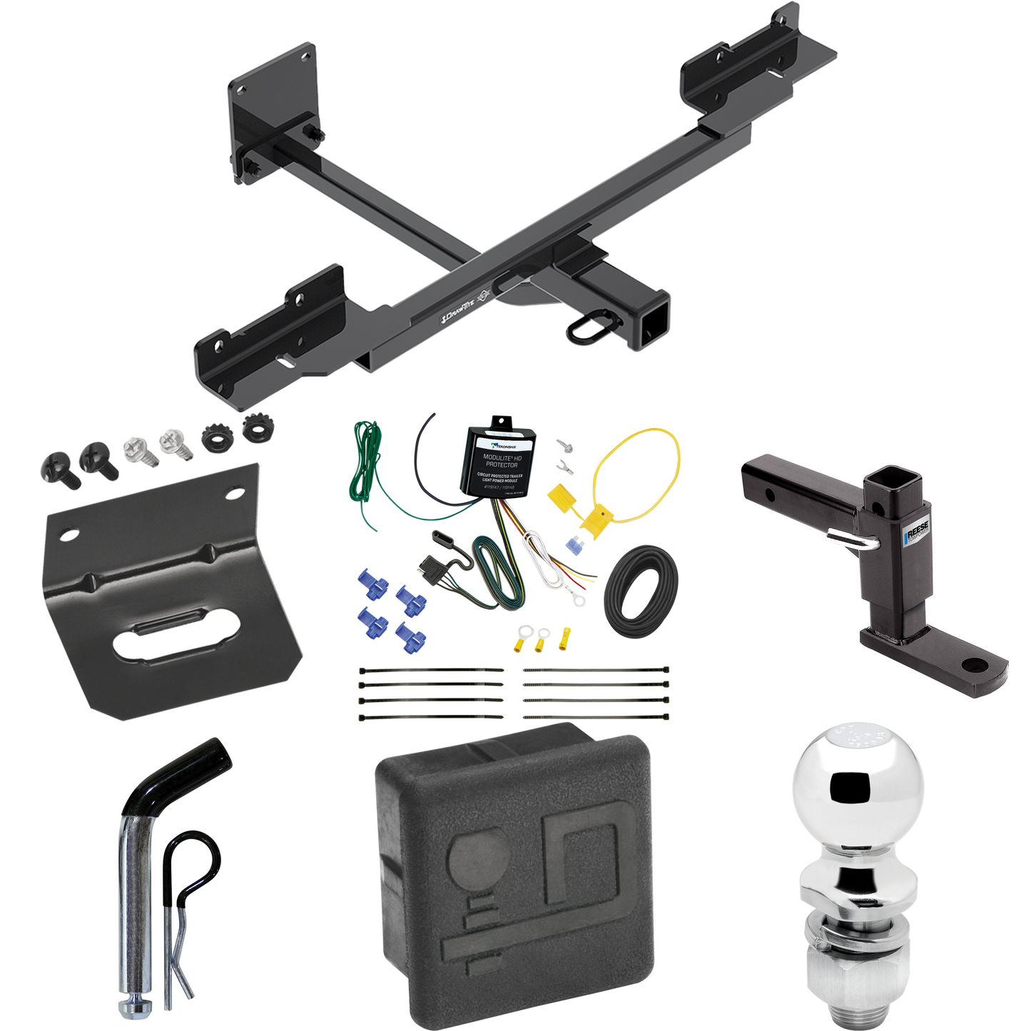 Fits 2016-2019 Mercedes-Benz GLE350 Trailer Hitch Tow PKG w/ 4-Flat Wiring + Adjustable Drop Rise Ball Mount + Pin/Clip + 2" Ball + Wiring Bracket + Hitch Cover (Excludes: w/Active Curve System Models) By Draw-Tite