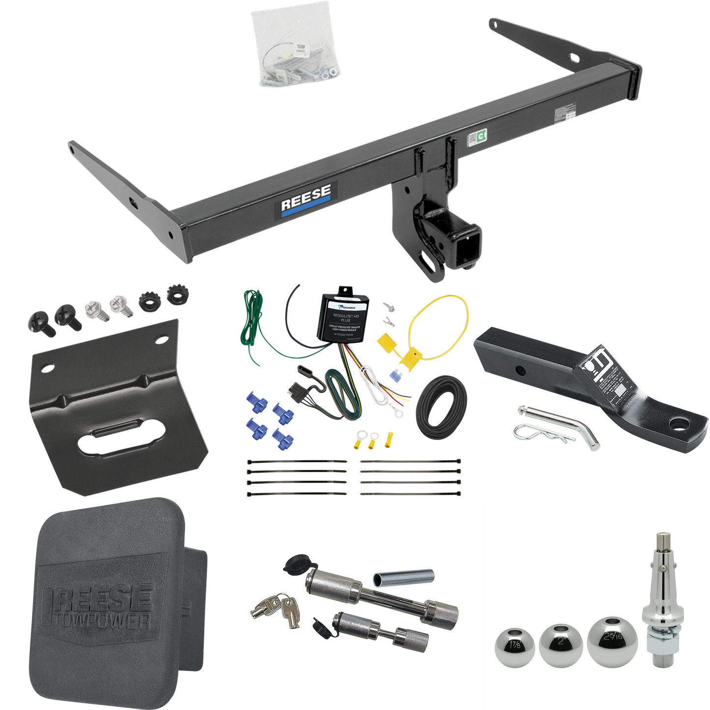 Fits 2013-2018 Audi Q3 Trailer Hitch Tow PKG w/ 4-Flat Wiring + Ball Mount w/ 2" Drop + Interchangeable Ball 1-7/8" & 2" & 2-5/16" + Wiring Bracket + Dual Hitch & Coupler Locks + Hitch Cover By Reese Towpower