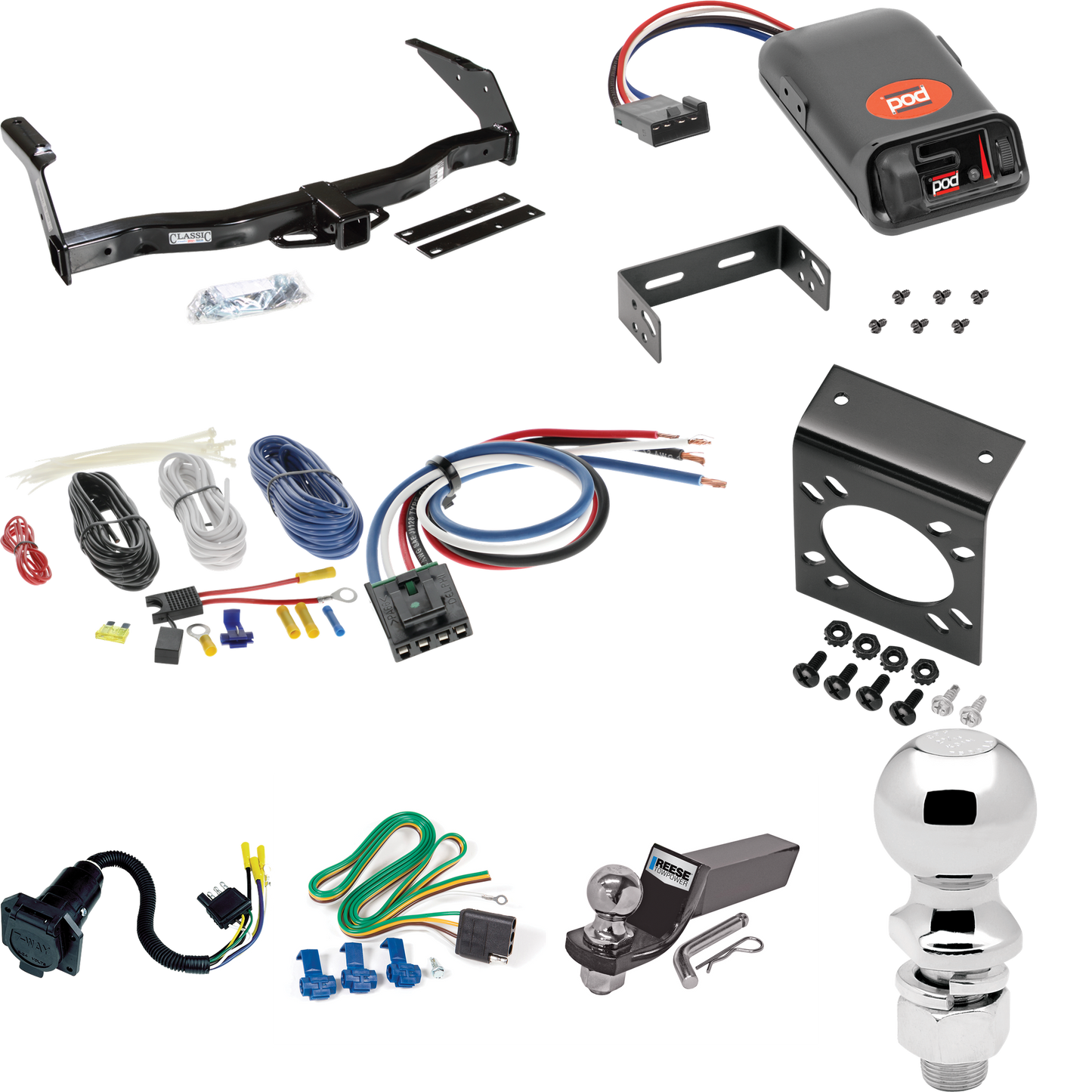 Se adapta al paquete de enganche de remolque Dodge B2500 1995-1998 con control de freno POD serie Pro + adaptador de cableado BC genérico + cableado RV de 7 vías + soporte de bola y caída de 2" y 2-5/16" de Draw-Tite