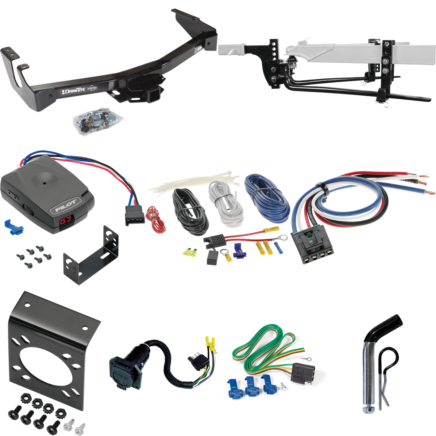 Fits 1999-2000 Dodge Ram 2500 Van Trailer Hitch Tow PKG w/ 11.5K Round Bar Weight Distribution Hitch w/ 2-5/16" Ball + Pin/Clip + Pro Series Pilot Brake Control + Generic BC Wiring Adapter + 7-Way RV Wiring (Excludes: w/Factory Step Bumper Models) By