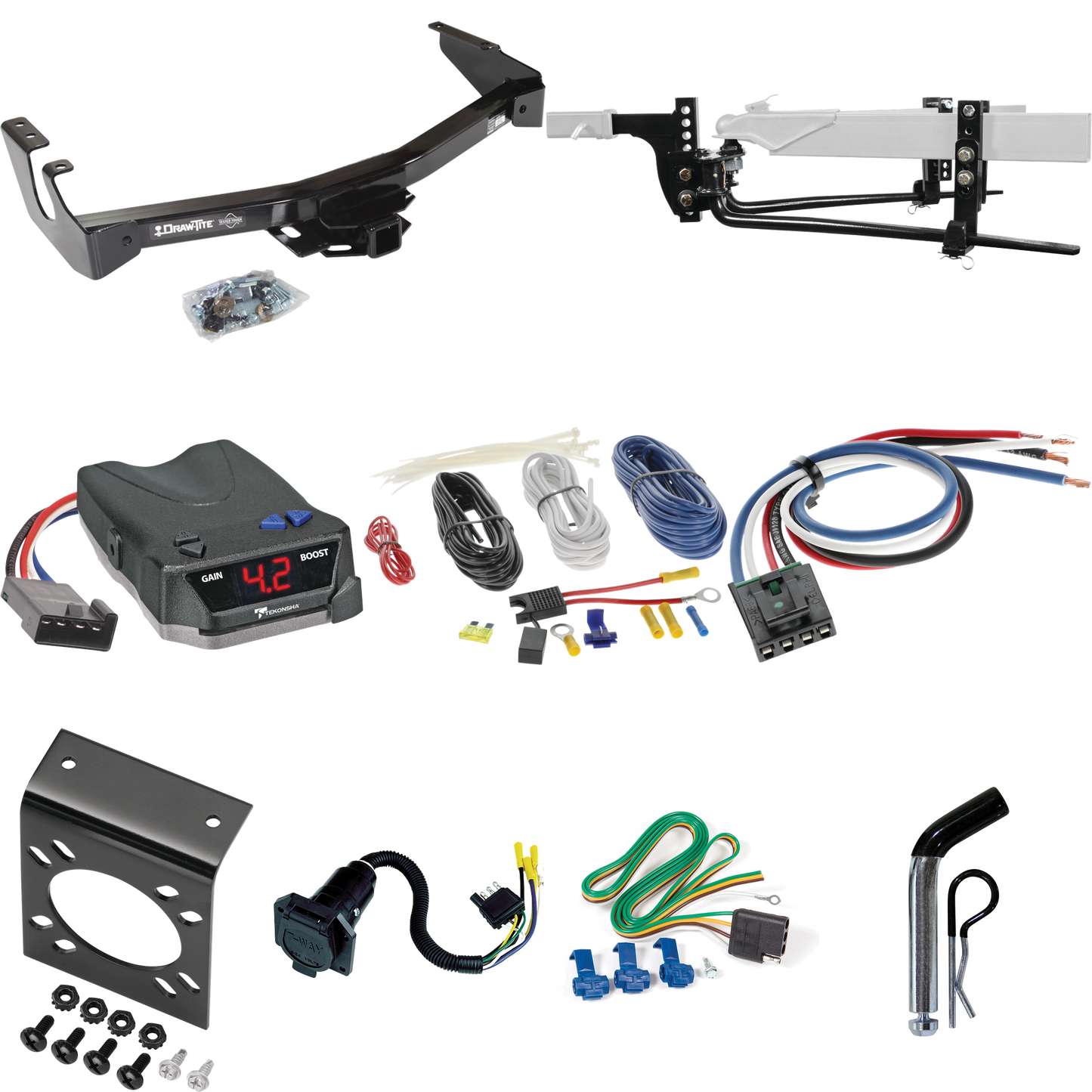 Fits 1994-1994 Dodge B250 Trailer Hitch Tow PKG w/ 11.5K Round Bar Weight Distribution Hitch w/ 2-5/16" Ball + Pin/Clip + Tekonsha BRAKE-EVN Brake Control + Generic BC Wiring Adapter + 7-Way RV Wiring (Excludes: w/Factory Step Bumper Models) By Draw-