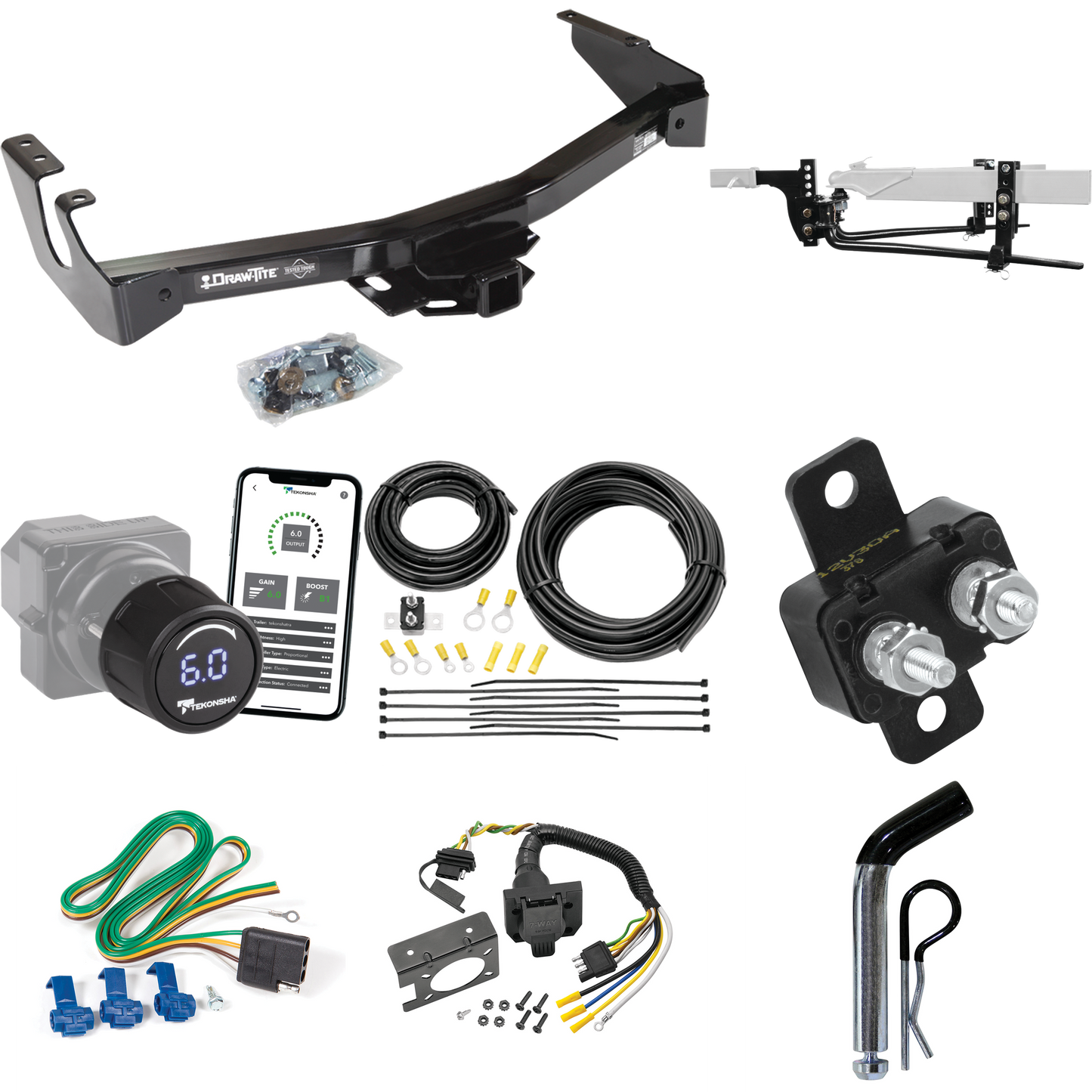 Fits 1995-1998 Dodge B2500 Trailer Hitch Tow PKG w/ 11.5K Round Bar Weight Distribution Hitch w/ 2-5/16" Ball + Pin/Clip + Tekonsha Prodigy iD Bluetooth Wireless Brake Control + 7-Way RV Wiring (Excludes: w/Factory Step Bumper Models) By Draw-Tite