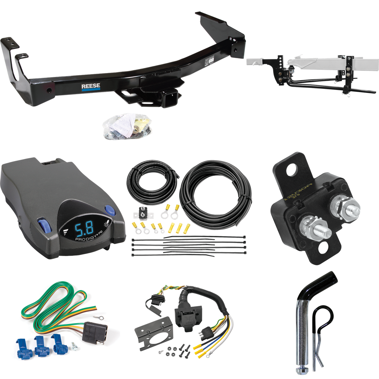 Fits 1995-1998 Dodge B1500 Trailer Hitch Tow PKG w/ 11.5K Round Bar Weight Distribution Hitch w/ 2-5/16" Ball + Pin/Clip + Tekonsha Prodigy P2 Brake Control + 7-Way RV Wiring (Excludes: w/Factory Step Bumper Models) By Reese Towpower