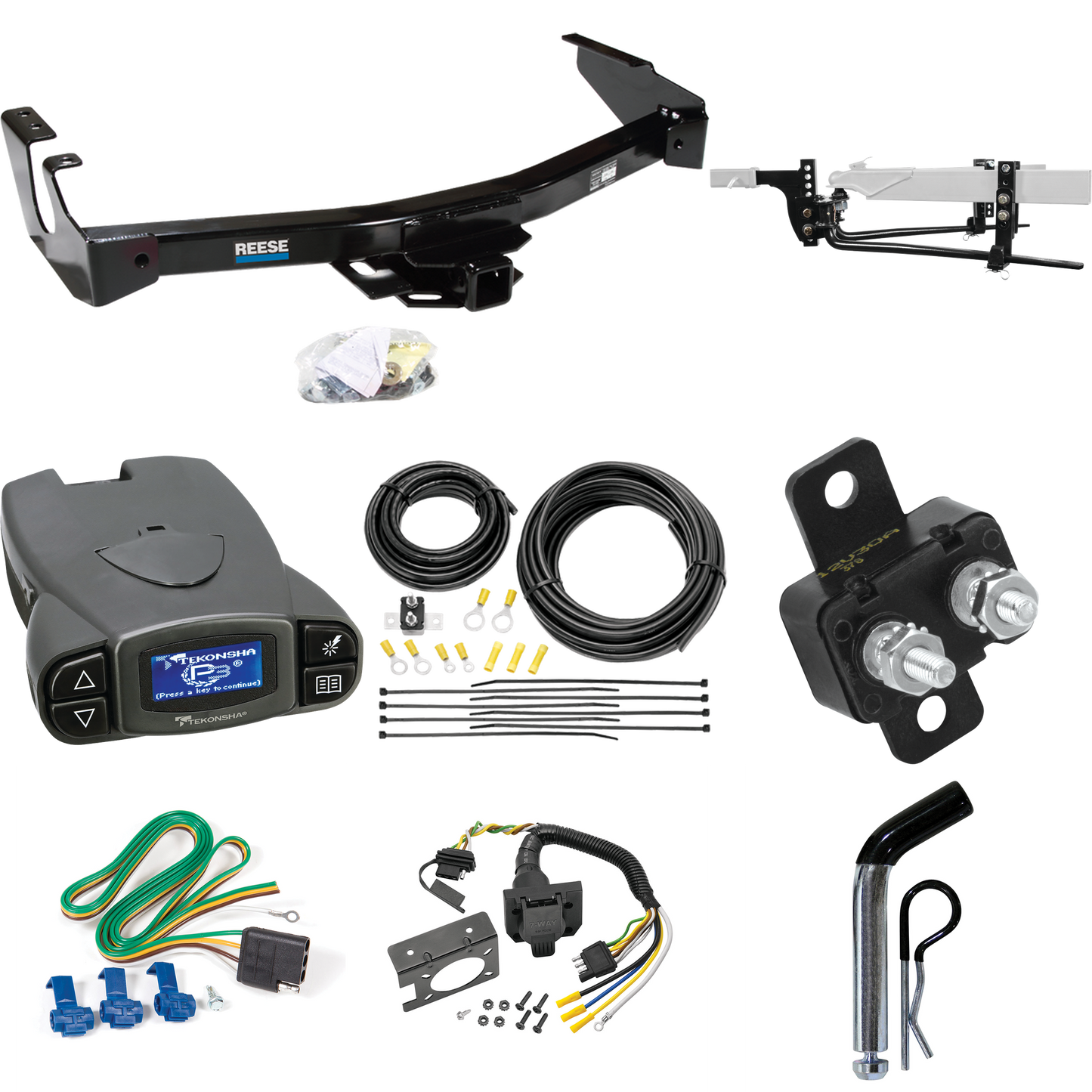 Fits 1994-1994 Dodge B250 Trailer Hitch Tow PKG w/ 11.5K Round Bar Weight Distribution Hitch w/ 2-5/16" Ball + Pin/Clip + Tekonsha Prodigy P3 Brake Control + 7-Way RV Wiring (Excludes: w/Factory Step Bumper Models) By Reese Towpower