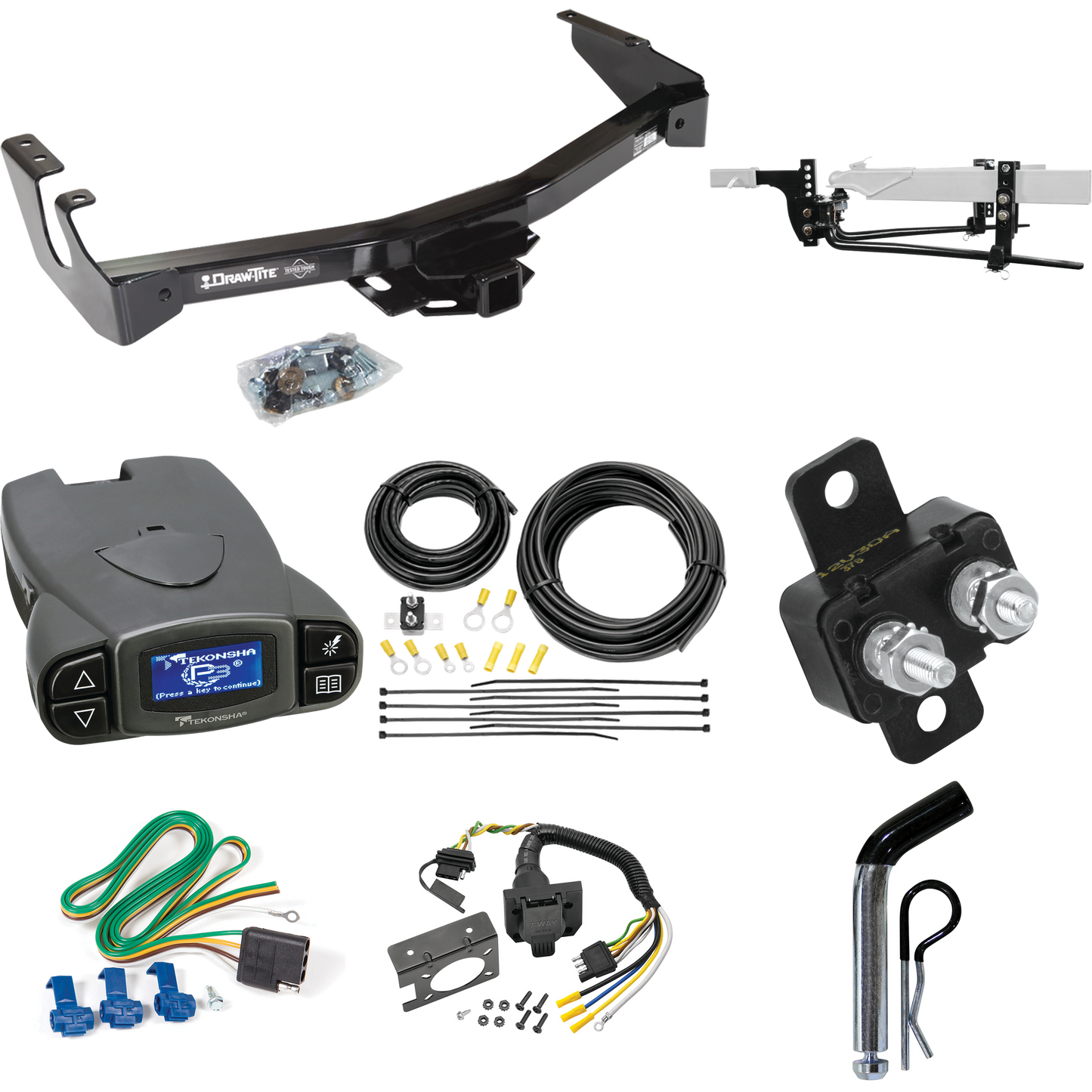 Fits 1999-2000 Dodge Ram 3500 Van Trailer Hitch Tow PKG w/ 11.5K Round Bar Weight Distribution Hitch w/ 2-5/16" Ball + Pin/Clip + Tekonsha Prodigy P3 Brake Control + 7-Way RV Wiring (Excludes: w/Factory Step Bumper Models) By Draw-Tite