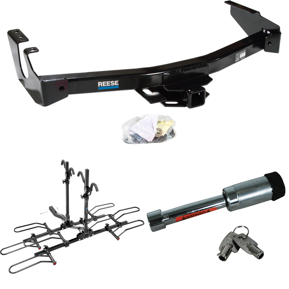 Fits 1999-2003 Dodge Ram 2500 Van Trailer Hitch Tow PKG w/ 4 Bike Plaform Style Carrier Rack + Hitch Lock (Excludes: w/Factory Step Bumper Models) By Reese Towpower