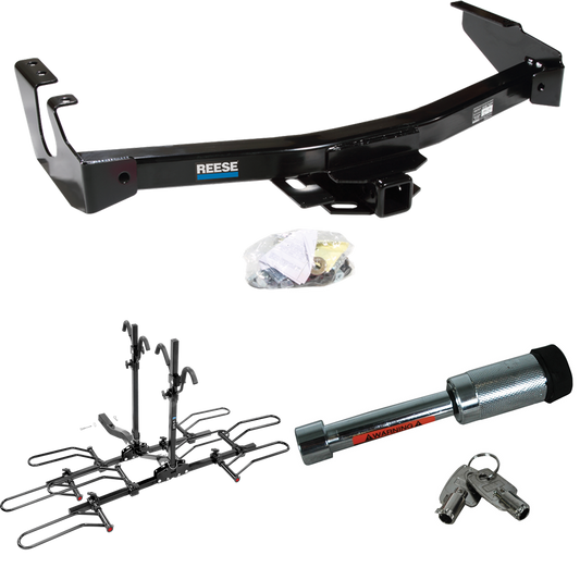 Fits 1999-2003 Dodge Ram 3500 Van Trailer Hitch Tow PKG w/ 4 Bike Plaform Style Carrier Rack + Hitch Lock (Excludes: w/Factory Step Bumper Models) By Reese Towpower