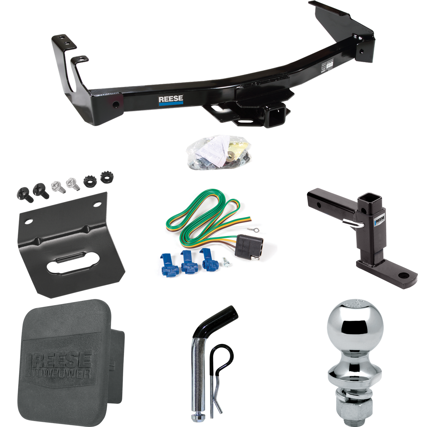 Fits 1999-2000 Dodge Ram 2500 Van Trailer Hitch Tow PKG w/ 4-Flat Wiring + Adjustable Drop Rise Ball Mount + Pin/Clip + 1-7/8" Ball + Wiring Bracket + Hitch Cover (Excludes: w/Factory Step Bumper Models) By Reese Towpower