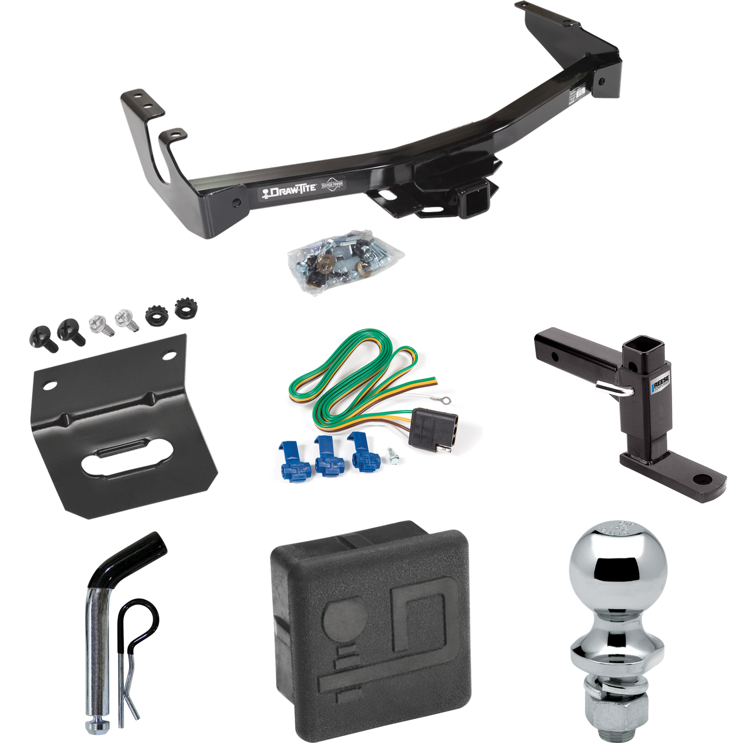 Fits 1999-2000 Dodge Ram 3500 Van Trailer Hitch Tow PKG w/ 4-Flat Wiring + Adjustable Drop Rise Ball Mount + Pin/Clip + 1-7/8" Ball + Wiring Bracket + Hitch Cover (Excludes: w/Factory Step Bumper Models) By Draw-Tite