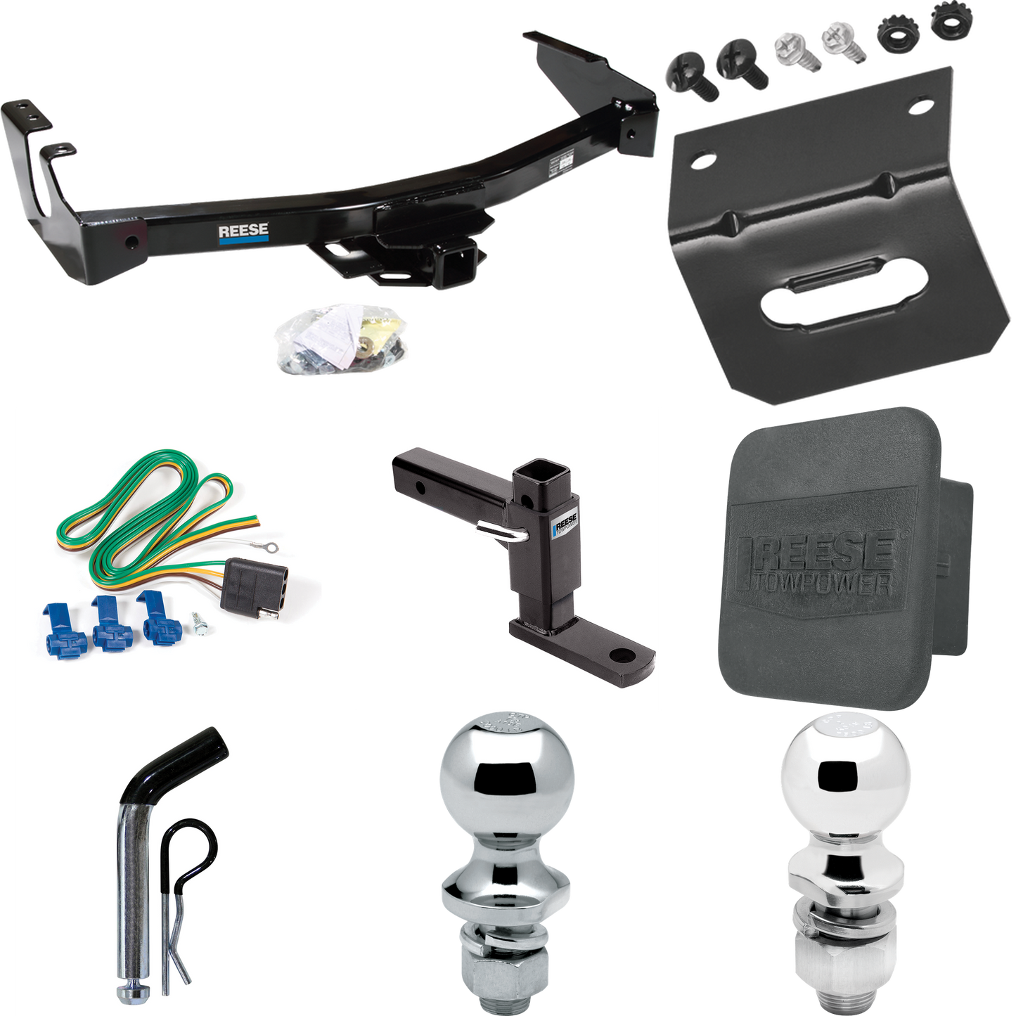 Fits 1999-2000 Dodge Ram 3500 Van Trailer Hitch Tow PKG w/ 4-Flat Wiring + Adjustable Drop Rise Ball Mount + Pin/Clip + 2" Ball + 1-7/8" Ball + Wiring Bracket + Hitch Cover (Excludes: w/Factory Step Bumper Models) By Reese Towpower