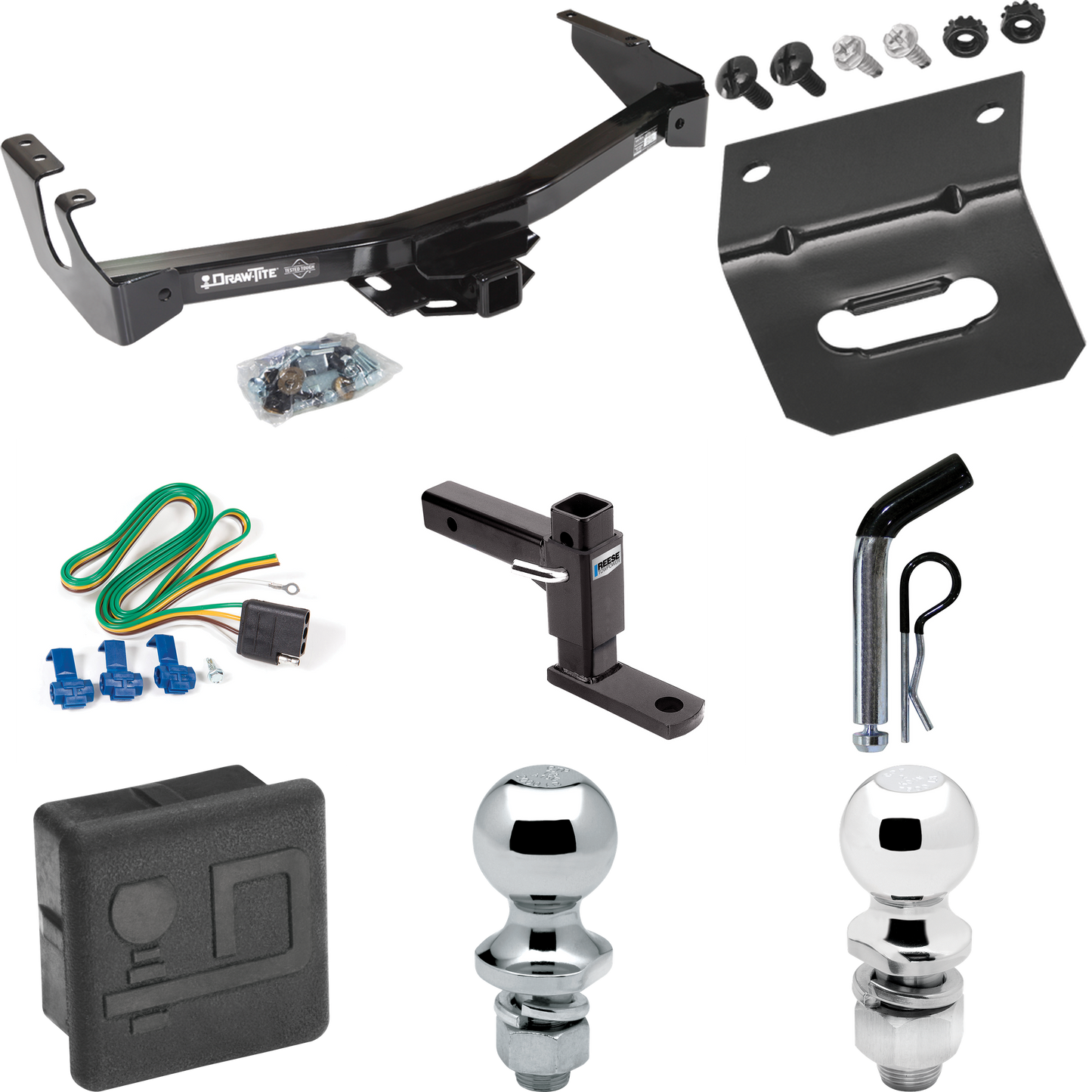 Fits 1994-1994 Dodge B150 Trailer Hitch Tow PKG w/ 4-Flat Wiring + Adjustable Drop Rise Ball Mount + Pin/Clip + 2" Ball + 1-7/8" Ball + Wiring Bracket + Hitch Cover (Excludes: w/Factory Step Bumper Models) By Draw-Tite