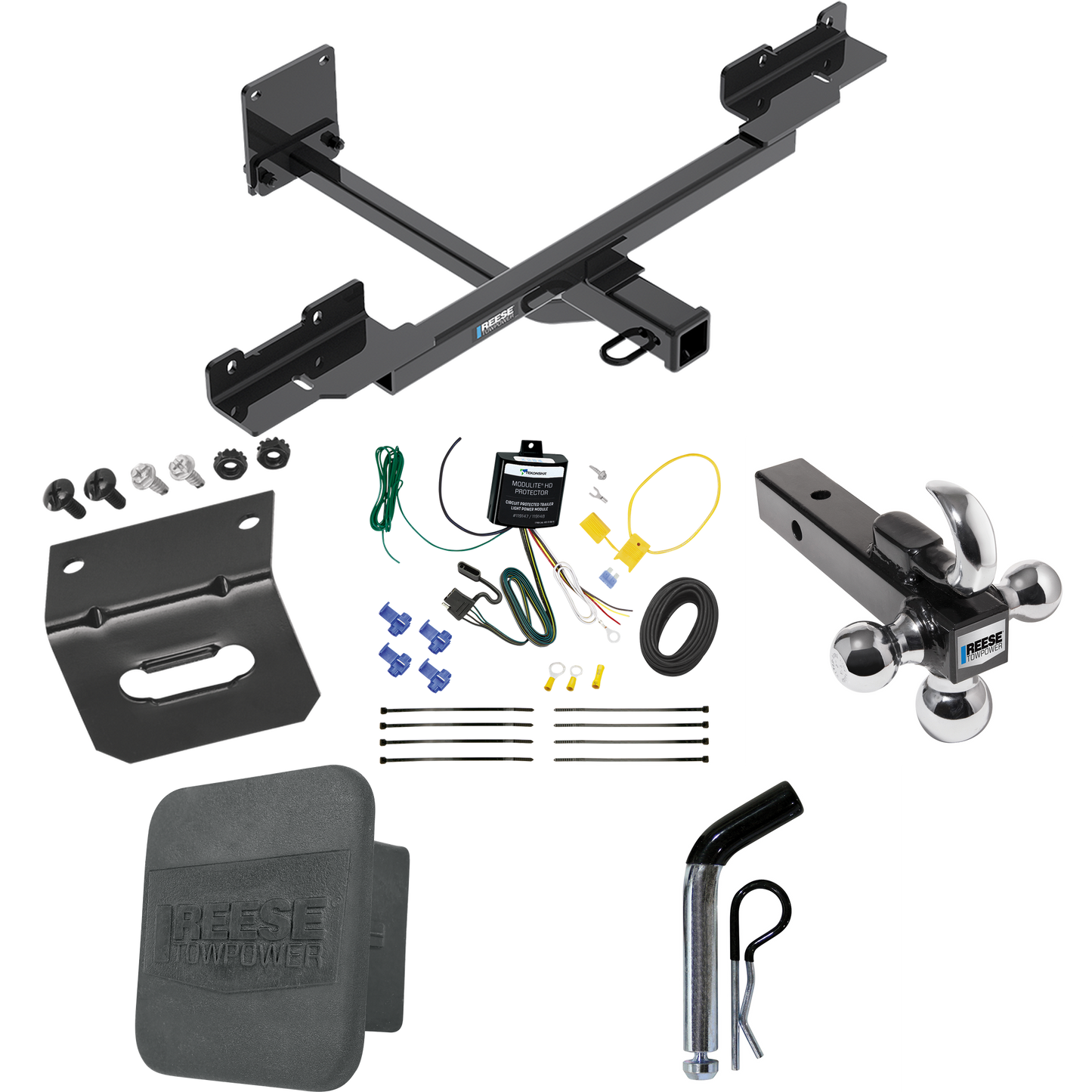 Fits 2016-2019 Mercedes-Benz GLE350 Trailer Hitch Tow PKG w/ 4-Flat Wiring + Triple Ball Ball Mount 1-7/8" & 2" & 2-5/16" Trailer Balls w/ Tow Hook + Pin/Clip + Wiring Bracket + Hitch Cover (Excludes: w/Active Curve System Models) By Reese Towpower