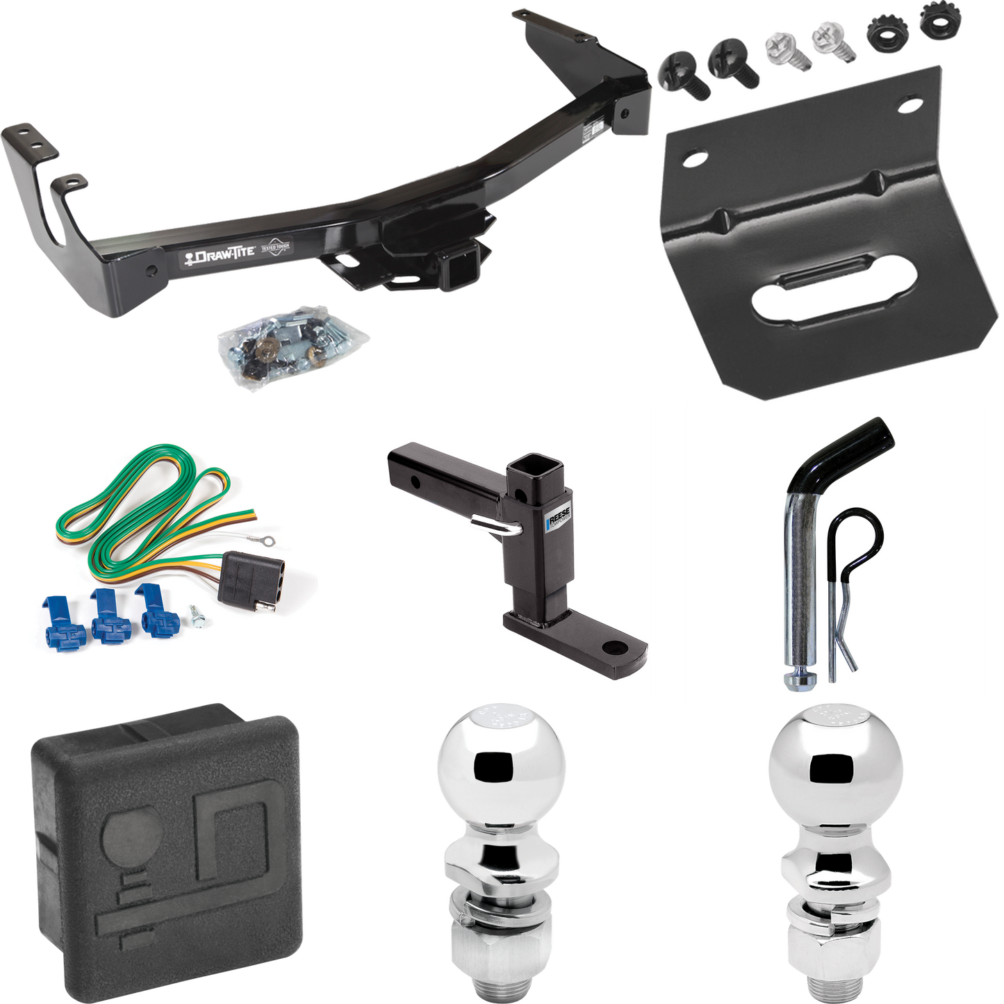 Fits 1994-1994 Dodge B150 Trailer Hitch Tow PKG w/ 4-Flat Wiring + Adjustable Drop Rise Ball Mount + Pin/Clip + 2" Ball + 2-5/16" Ball + Wiring Bracket + Hitch Cover (Excludes: w/Factory Step Bumper Models) By Draw-Tite