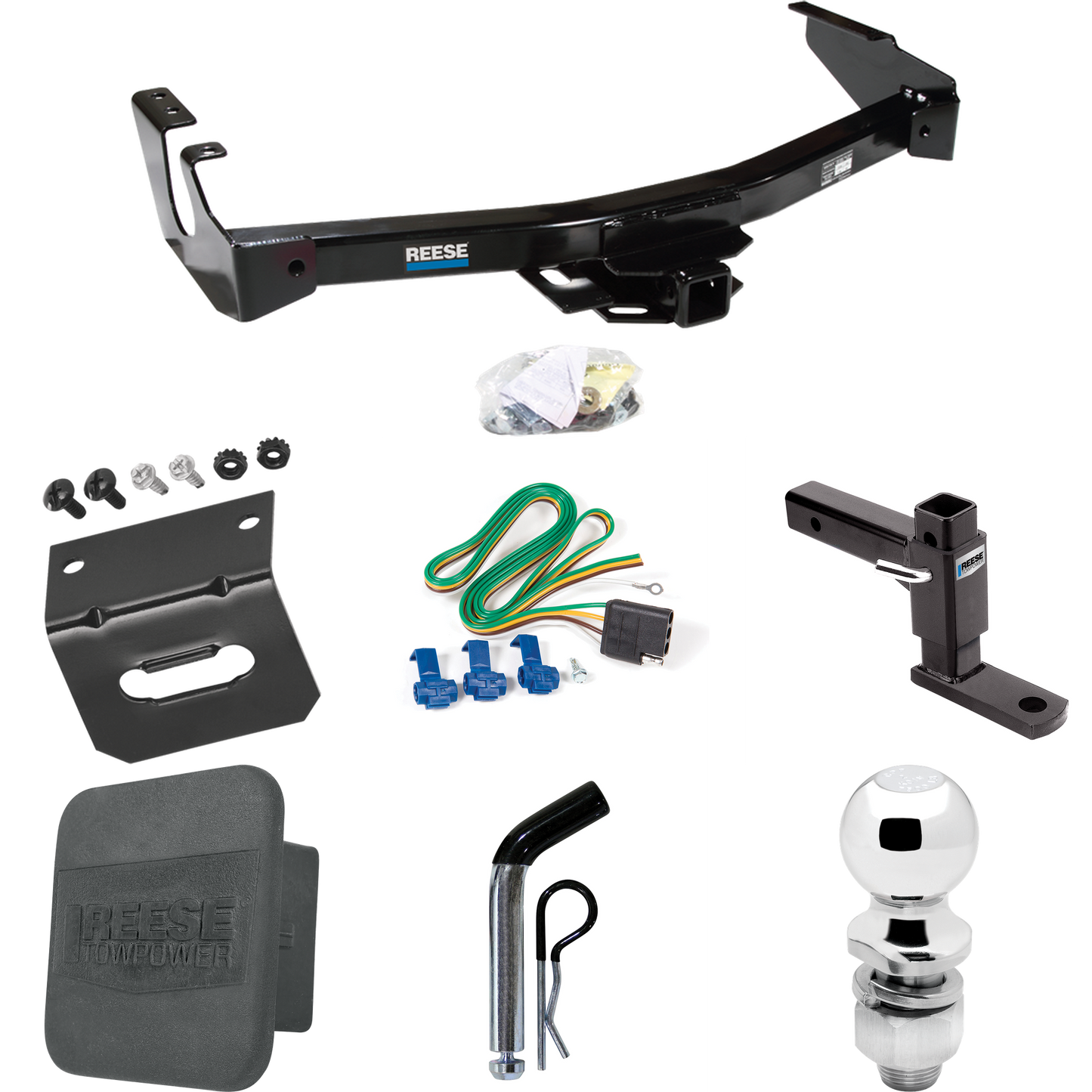 Fits 1994-1994 Dodge B250 Trailer Hitch Tow PKG w/ 4-Flat Wiring + Adjustable Drop Rise Ball Mount + Pin/Clip + 2" Ball + Wiring Bracket + Hitch Cover (Excludes: w/Factory Step Bumper Models) By Reese Towpower