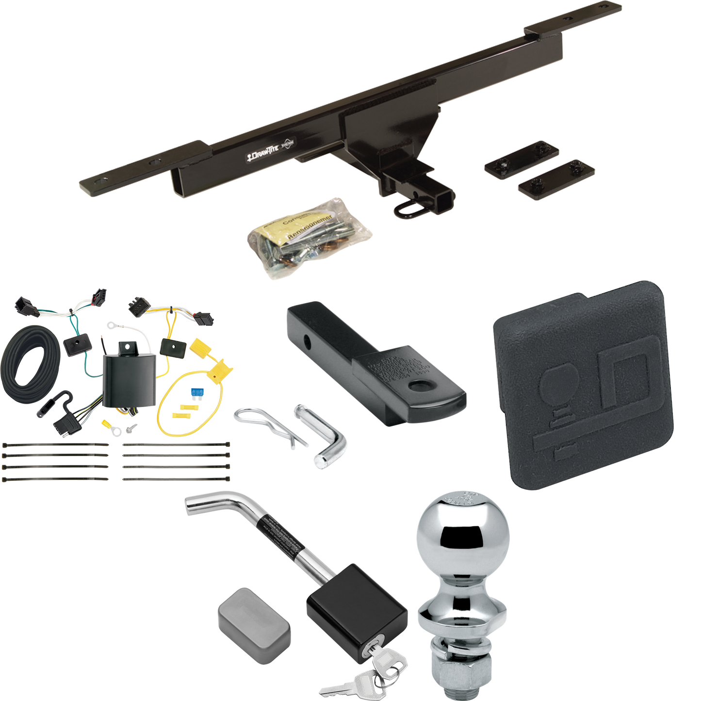 Se adapta al paquete de enganche de remolque Volkswagen Passat 2012-2019 con arnés de cableado plano de 4 + barra de tracción + bola de 1-7/8" + cubierta de enganche + bloqueo de enganche (para modelos sedán) de Draw-Tite