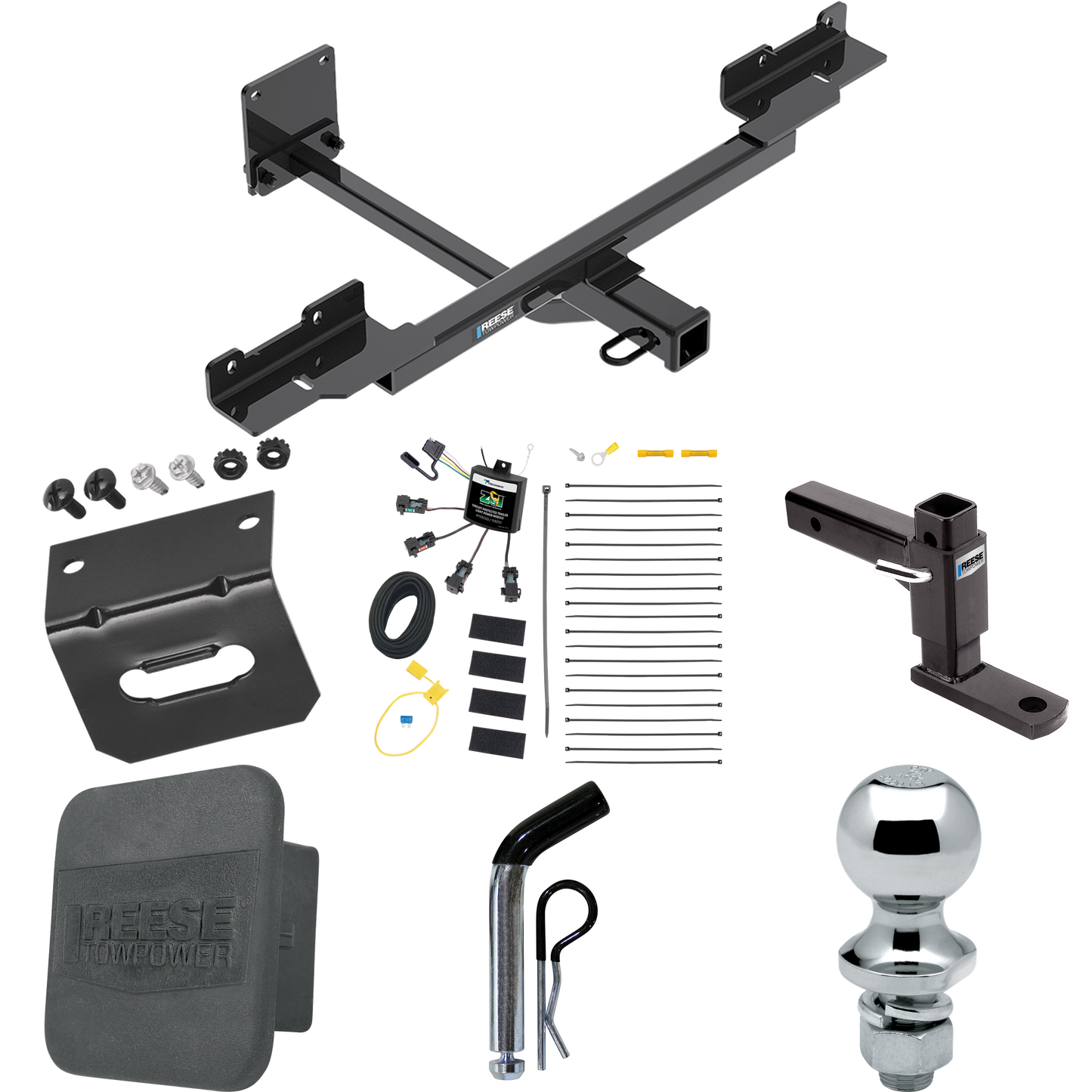 Fits 2012-2015 Mercedes-Benz ML350 Trailer Hitch Tow PKG w/ 4-Flat Zero Contact "No Splice" Wiring + Adjustable Drop Rise Ball Mount + Pin/Clip + 1-7/8" Ball + Wiring Bracket + Hitch Cover (Excludes: w/Active Curve System Models) By Reese Towpower