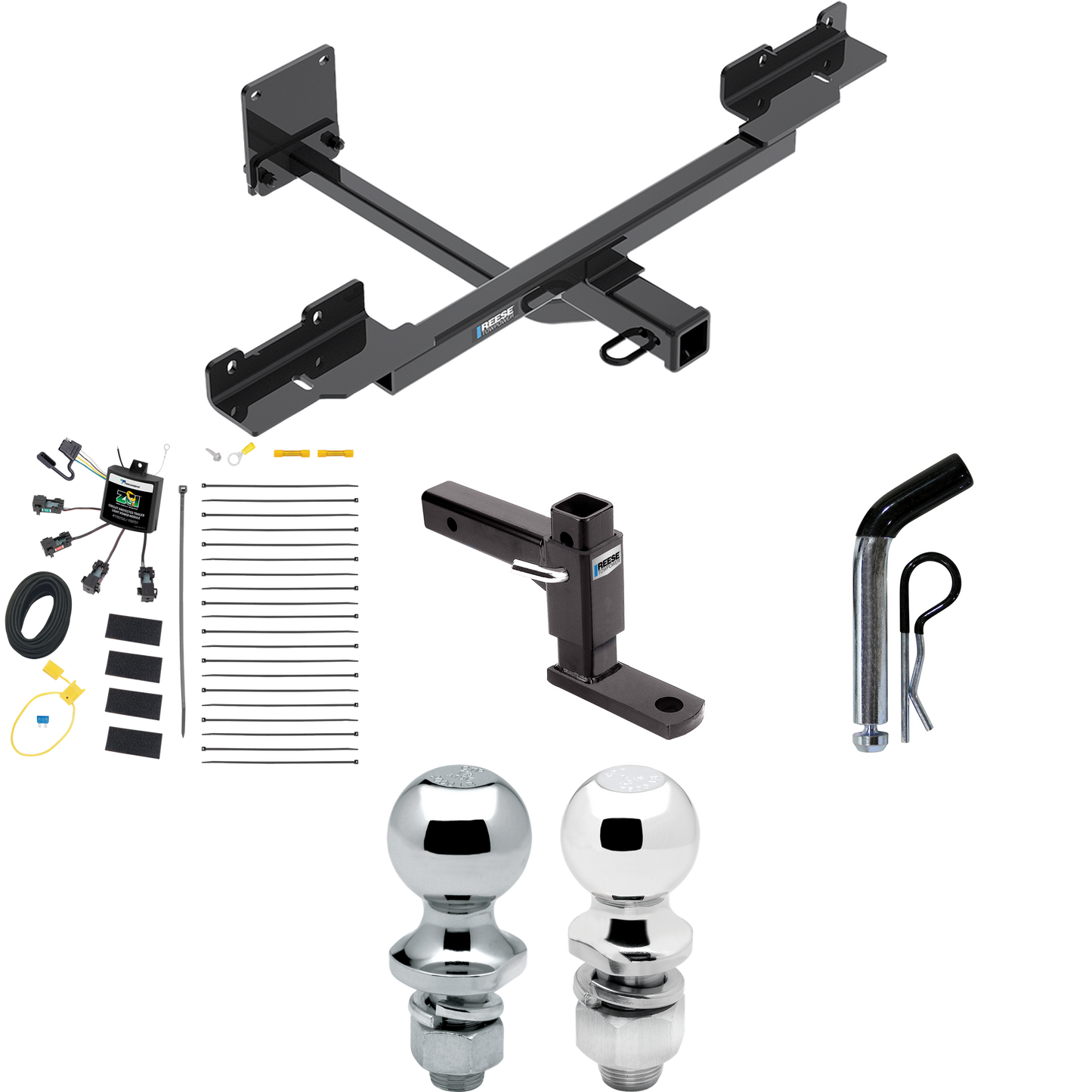 Fits 2016-2019 Mercedes-Benz GLE350 Trailer Hitch Tow PKG w/ 4-Flat Zero Contact "No Splice" Wiring + Adjustable Drop Rise Ball Mount + Pin/Clip + 2" Ball + 1-7/8" Ball (Excludes: w/Active Curve System Models) By Reese Towpower