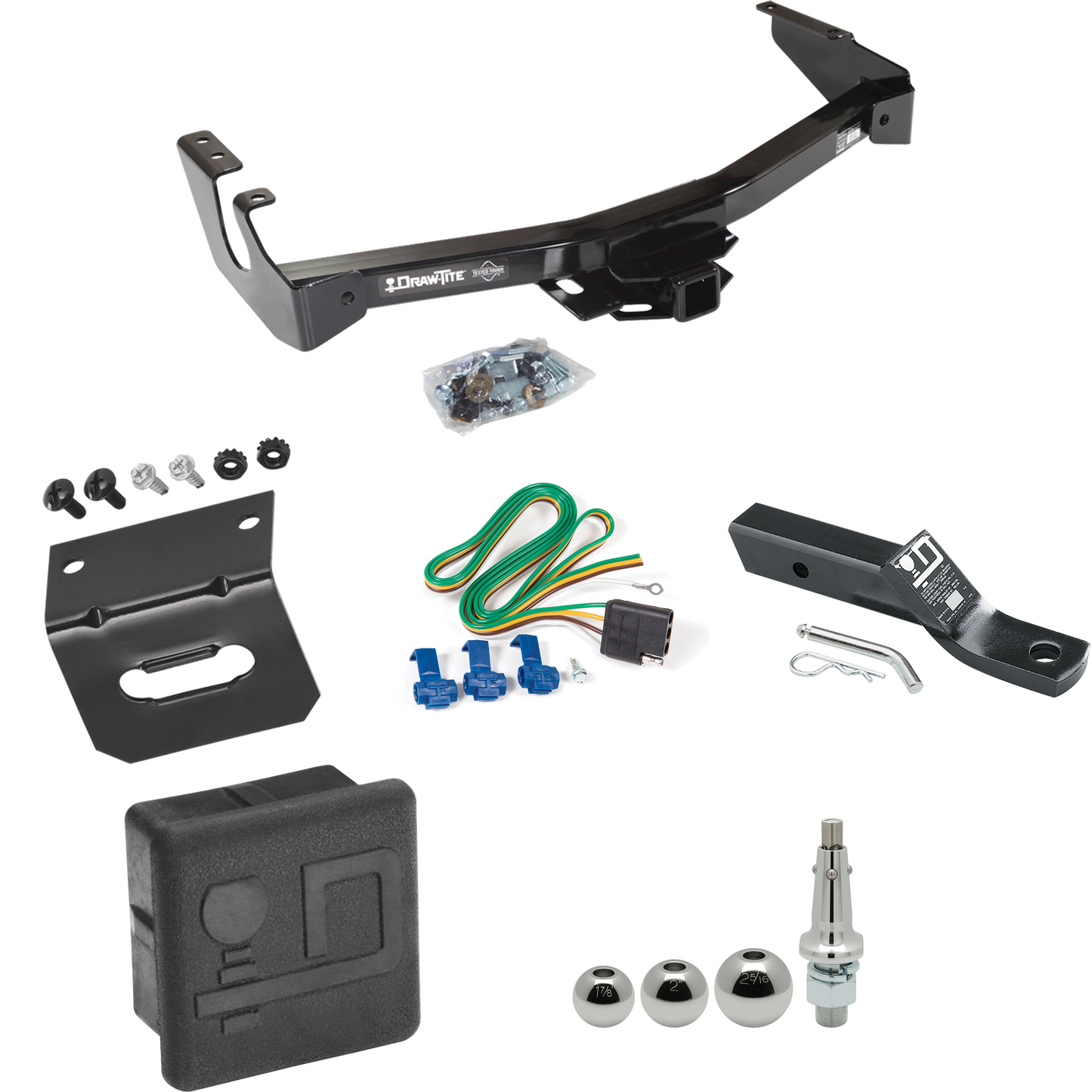 Fits 1999-2000 Dodge Ram 1500 Van Trailer Hitch Tow PKG w/ 4-Flat Wiring + Ball Mount w/ 2" Drop + Interchangeable Ball 1-7/8" & 2" & 2-5/16" + Wiring Bracket + Hitch Cover (Excludes: w/Factory Step Bumper Models) By Draw-Tite