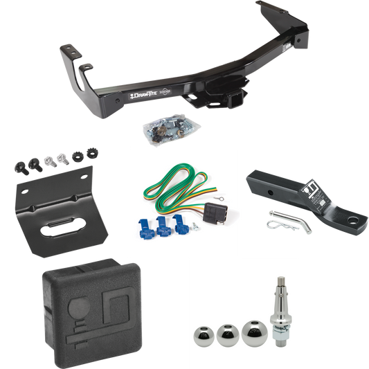 Fits 1999-2000 Dodge Ram 1500 Van Trailer Hitch Tow PKG w/ 4-Flat Wiring + Ball Mount w/ 2" Drop + Interchangeable Ball 1-7/8" & 2" & 2-5/16" + Wiring Bracket + Hitch Cover (Excludes: w/Factory Step Bumper Models) By Draw-Tite