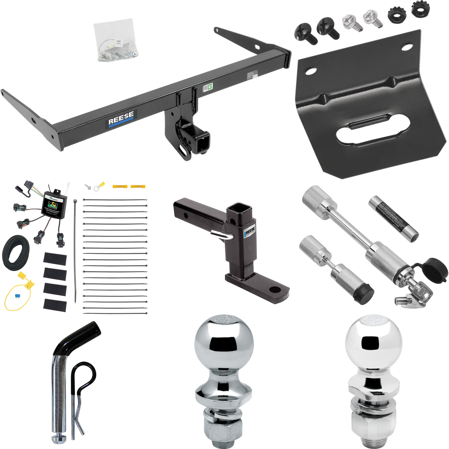 Fits 2013-2018 Audi Q3 Trailer Hitch Tow PKG w/ 4-Flat Zero Contact "No Splice" Wiring Harness + Adjustable Drop Rise Ball Mount + Pin/Clip + 2" Ball + 1-7/8" Ball + Dual Hitch & Coupler Locks By Reese Towpower