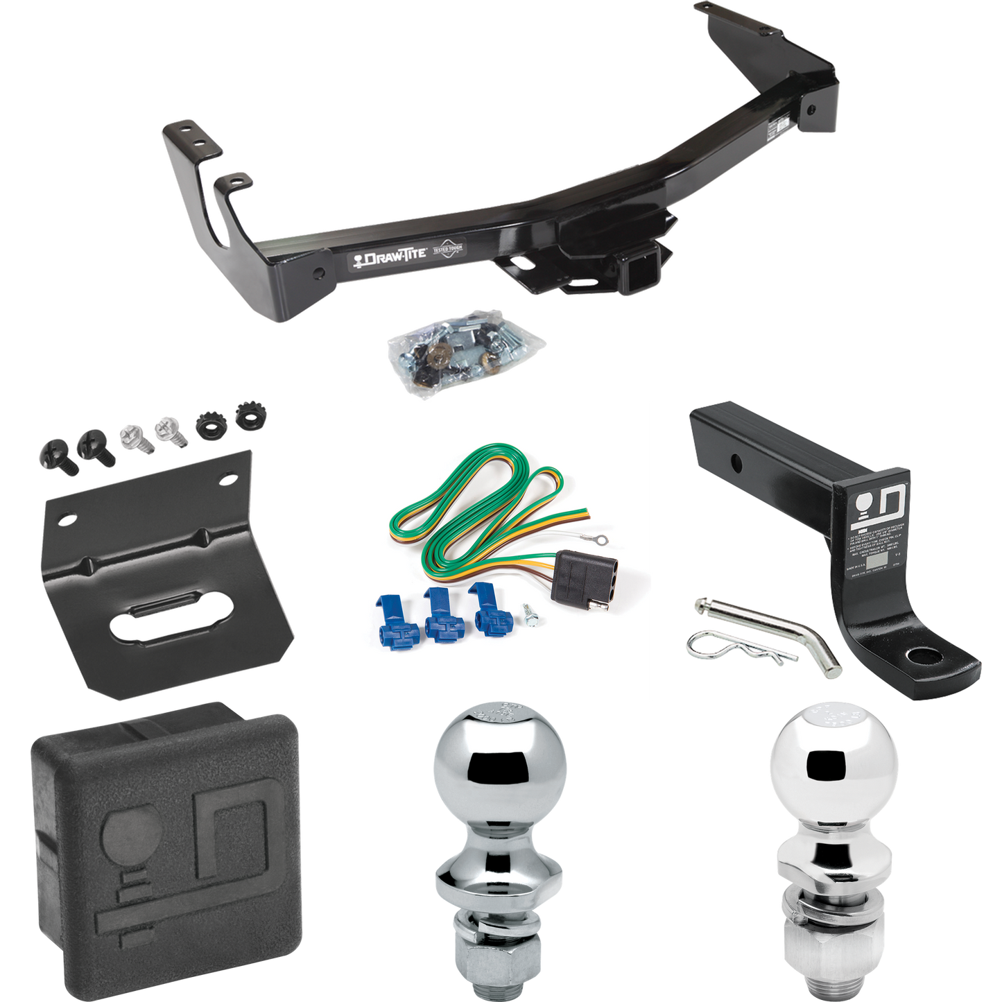 Fits 1995-1998 Dodge B1500 Trailer Hitch Tow PKG w/ 4-Flat Wiring + Ball Mount w/ 4" Drop + 2" Ball + 1-7/8" Ball + Wiring Bracket + Hitch Cover (Excludes: w/Factory Step Bumper Models) By Draw-Tite