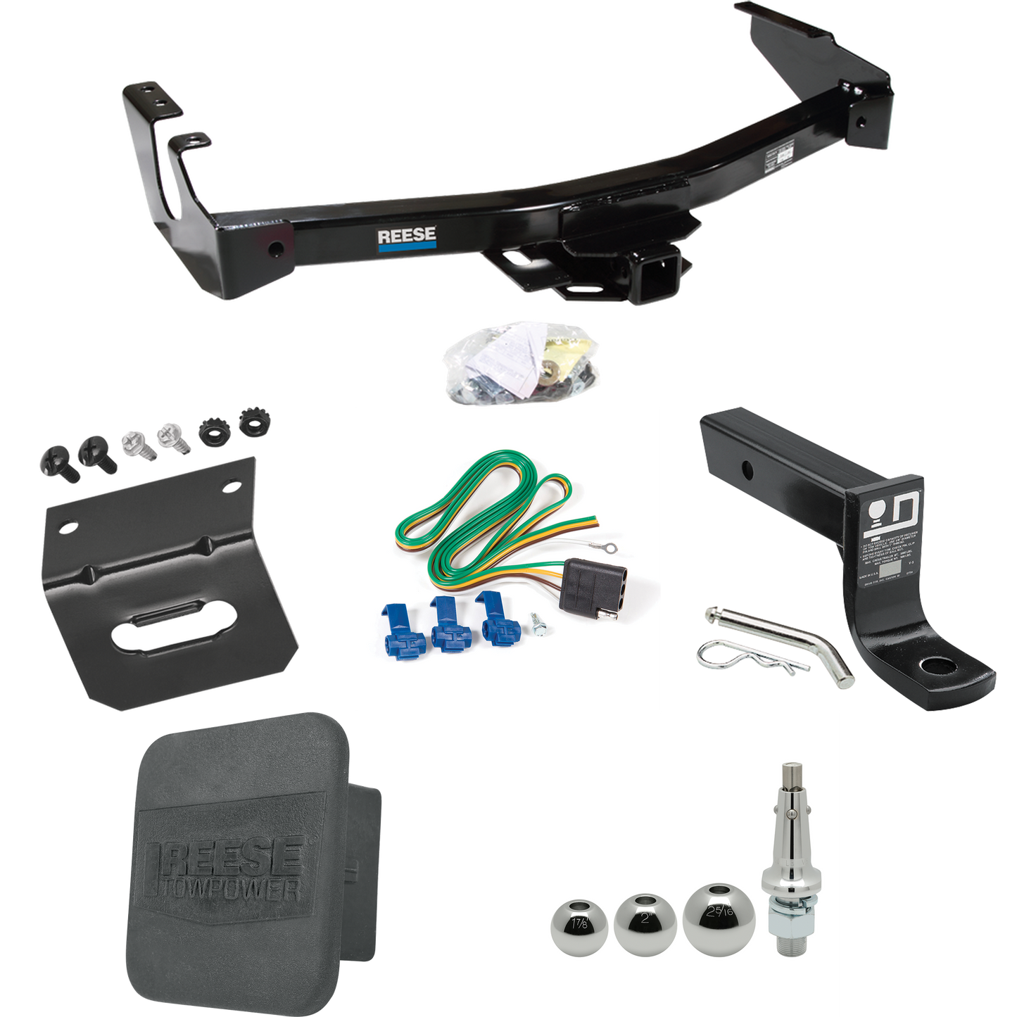 Fits 1999-2000 Dodge Ram 3500 Van Trailer Hitch Tow PKG w/ 4-Flat Wiring + Ball Mount w/ 4" Drop + Interchangeable Ball 1-7/8" & 2" & 2-5/16" + Wiring Bracket + Hitch Cover (Excludes: w/Factory Step Bumper Models) By Reese Towpower