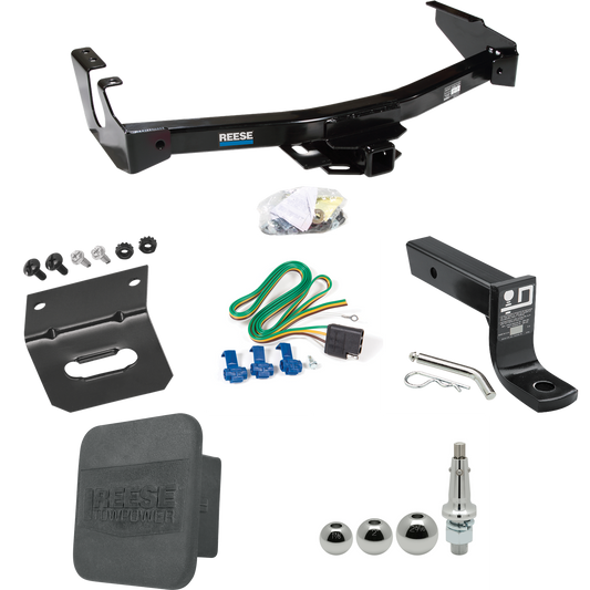 Fits 1999-2000 Dodge Ram 3500 Van Trailer Hitch Tow PKG w/ 4-Flat Wiring + Ball Mount w/ 4" Drop + Interchangeable Ball 1-7/8" & 2" & 2-5/16" + Wiring Bracket + Hitch Cover (Excludes: w/Factory Step Bumper Models) By Reese Towpower