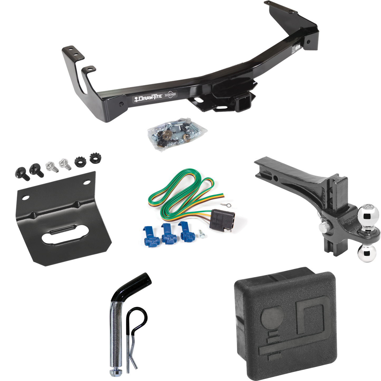 Fits 1999-2000 Dodge Ram 1500 Van Trailer Hitch Tow PKG w/ 4-Flat Wiring + Dual Adjustable Drop Rise Ball Ball Mount 2" & 2-5/16" Trailer Balls + Pin/Clip + Wiring Bracket + Hitch Cover (Excludes: w/Factory Step Bumper Models) By Draw-Tite