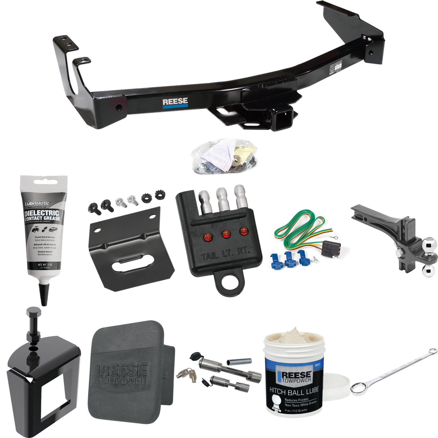 Fits 1995-1998 Dodge B2500 Trailer Hitch Tow PKG w/ 4-Flat Wiring + Dual Adjustable Drop Rise Ball Ball Mount 2" & 2-5/16" Trailer Balls + Wiring Bracket + Hitch Cover + Dual Hitch & Coupler Locks + Wiring Tester + Ball Lube + Electric Grease + Ball