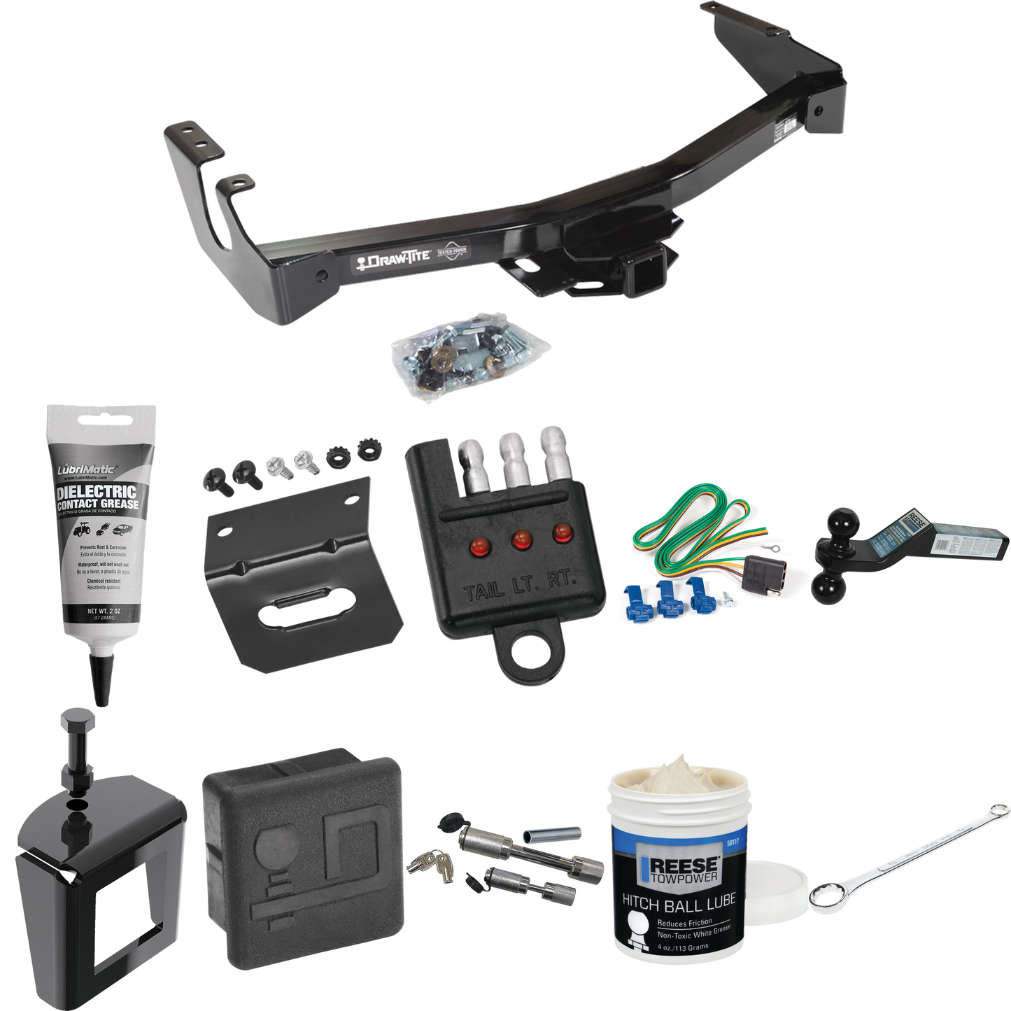 Fits 1995-1998 Dodge B1500 Trailer Hitch Tow PKG w/ 4-Flat Wiring + Dual Ball Ball Mount 2" & 2-5/16" Trailer Balls + Wiring Bracket + Hitch Cover + Dual Hitch & Coupler Locks + Wiring Tester + Ball Lube + Electric Grease + Ball Wrench + Anti Rattle