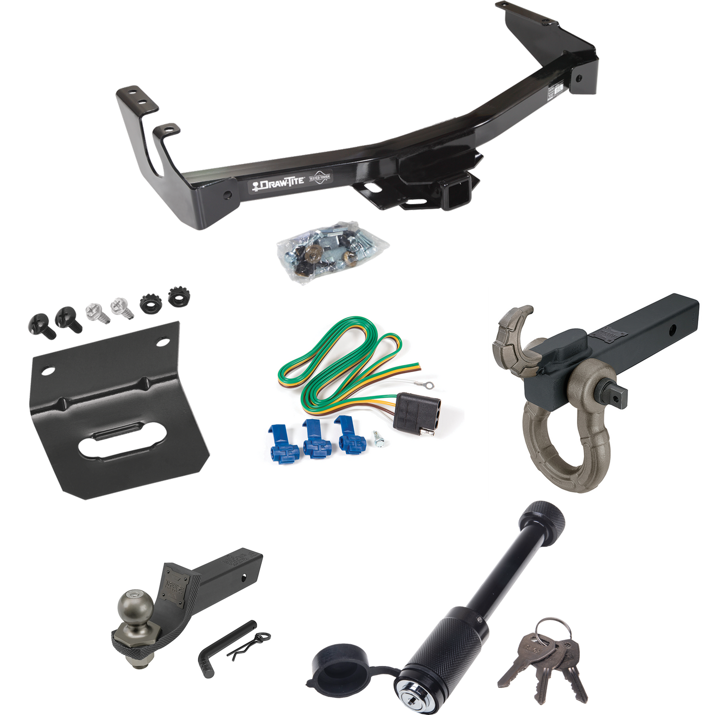 Fits 1995-1998 Dodge B2500 Trailer Hitch Tow PKG w/ 4-Flat Wiring + Interlock Tactical Starter Kit w/ 2" Drop & 2" Ball + Tactical Hook & Shackle Mount + Tactical Dogbone Lock + Wiring Bracket (Excludes: w/Factory Step Bumper Models) By Draw-Tite