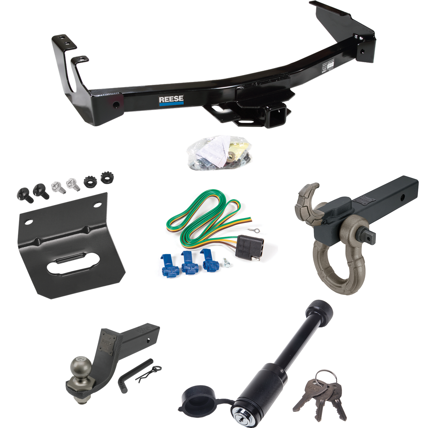 Fits 1994-1994 Dodge B250 Trailer Hitch Tow PKG w/ 4-Flat Wiring + Interlock Tactical Starter Kit w/ 3-1/4" Drop & 2" Ball + Tactical Hook & Shackle Mount + Tactical Dogbone Lock + Wiring Bracket (Excludes: w/Factory Step Bumper Models) By Reese Towp