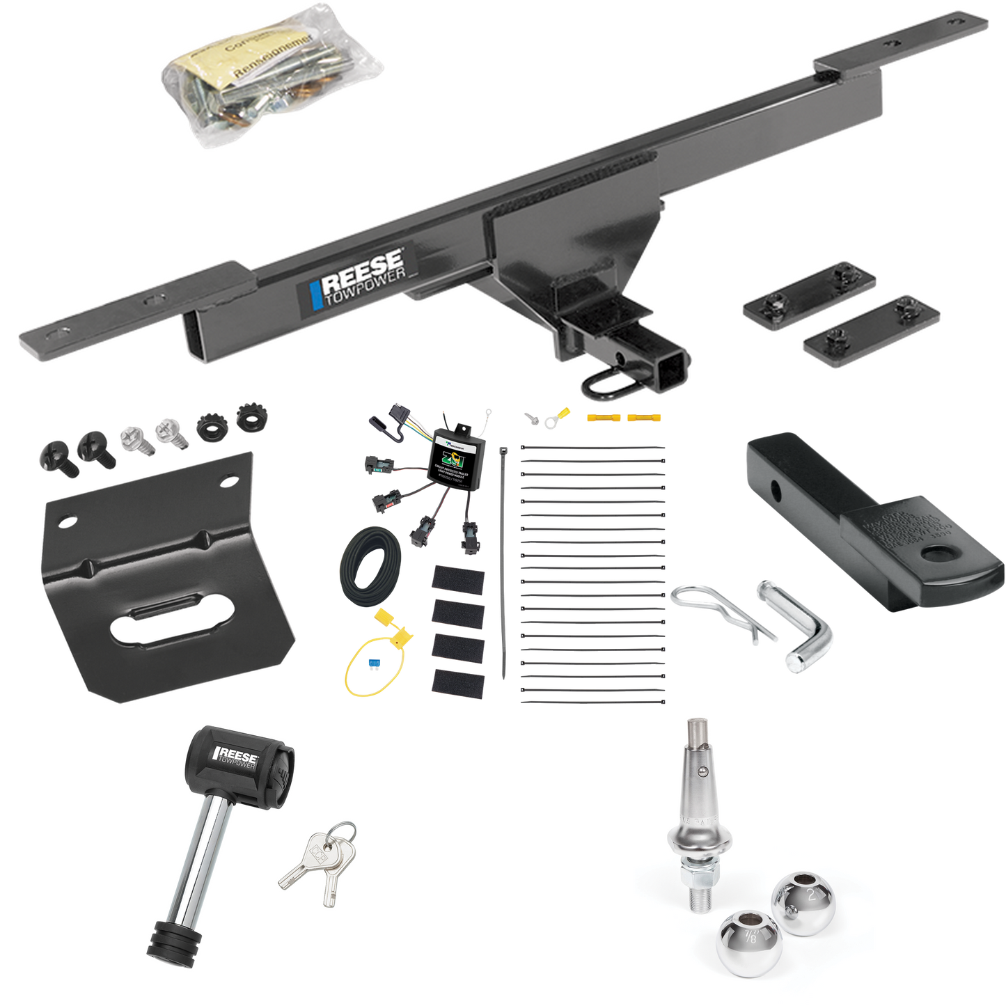 Fits 2017-2019 Volkswagen Passat Trailer Hitch Tow PKG w/ 4-Flat Zero Contact "No Splice" Wiring Harness + Draw-Bar + Interchangeable 1-7/8" & 2" Balls + Wiring Bracket + Hitch Lock By Reese Towpower