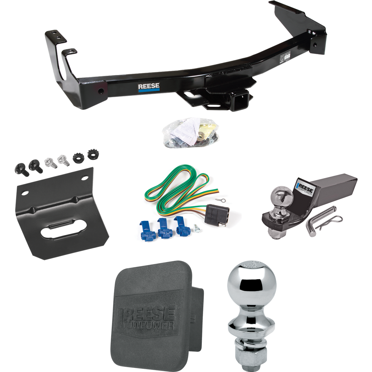 Fits 1999-2000 Dodge Ram 3500 Van Trailer Hitch Tow PKG w/ 4-Flat Wiring + Starter Kit Ball Mount w/ 2" Drop & 2" Ball + 1-7/8" Ball + Wiring Bracket + Hitch Cover (Excludes: w/Factory Step Bumper Models) By Reese Towpower