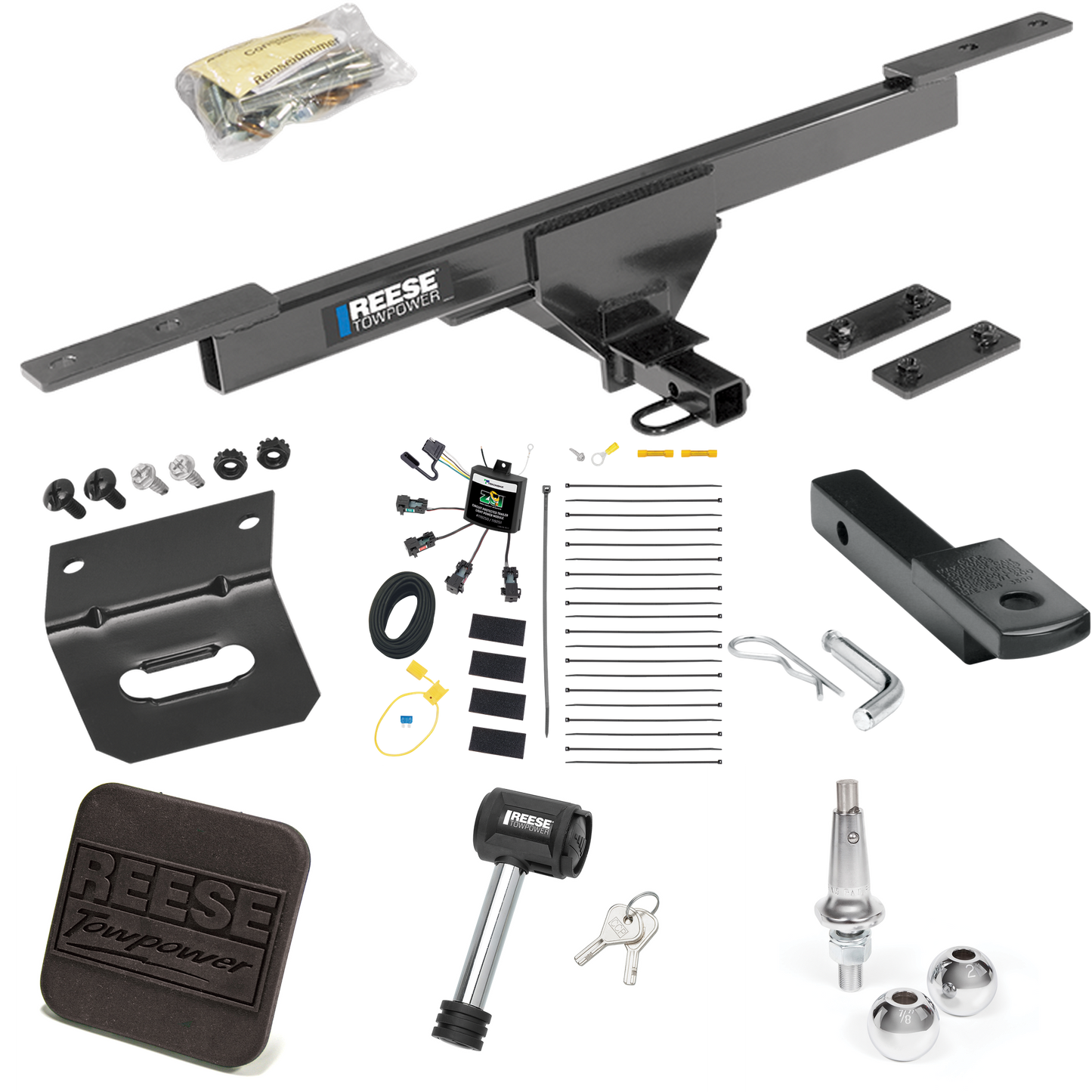 Fits 2016-2022 Volkswagen Passat Trailer Hitch Tow PKG w/ 4-Flat Zero Contact "No Splice" Wiring Harness + Draw-Bar + Interchangeable 1-7/8" & 2" Balls + Wiring Bracket + Hitch Cover + Hitch Lock (Excludes: SE & SEL Models) By Reese Towpower