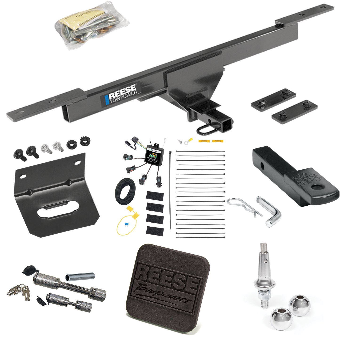 Fits 2017-2019 Volkswagen Passat Trailer Hitch Tow PKG w/ 4-Flat Zero Contact "No Splice" Wiring Harness + Draw-Bar + Interchangeable 1-7/8" & 2" Balls + Wiring Bracket + Hitch Cover + Dual Hitch & Coupler Locks By Reese Towpower