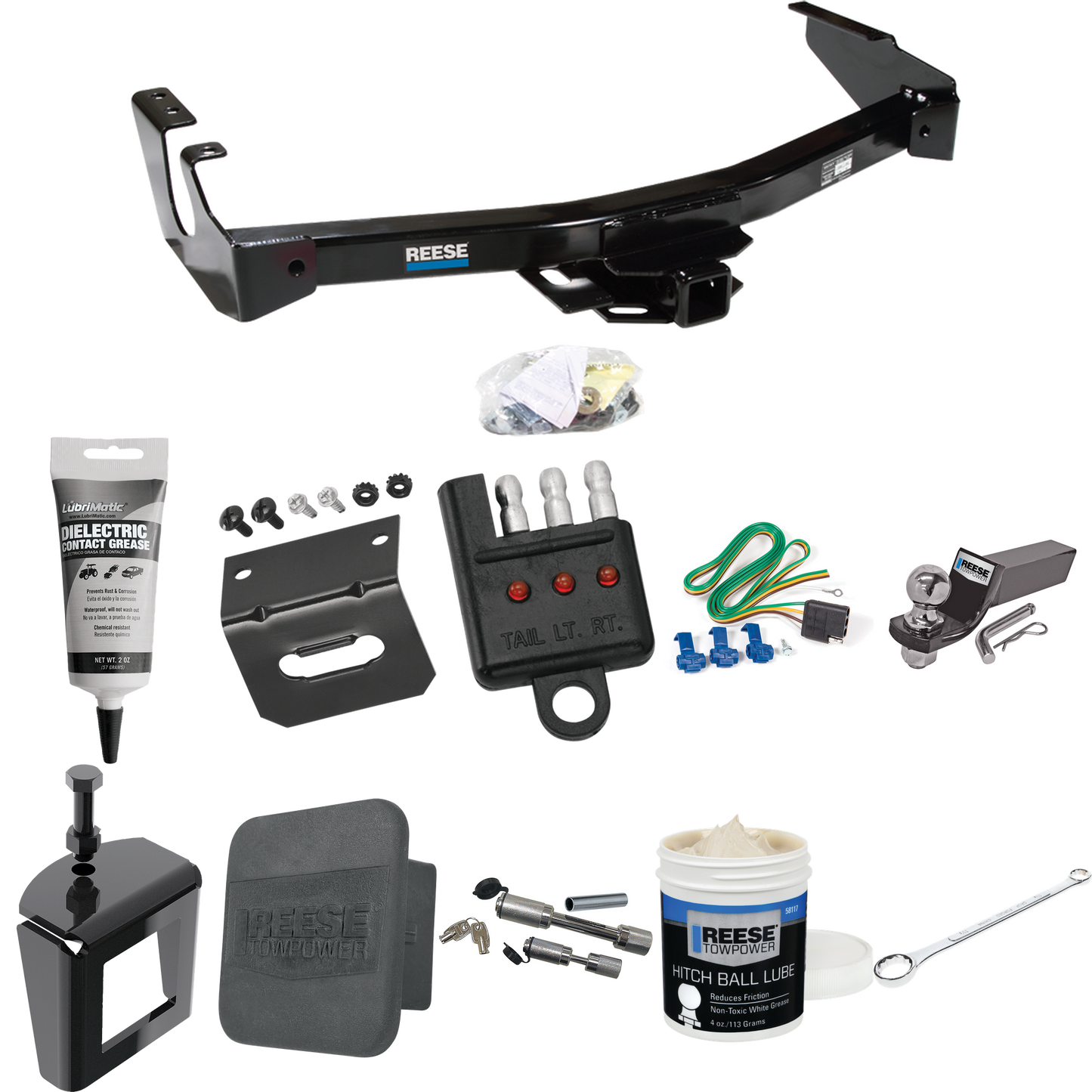 Fits 1995-1998 Dodge B3500 Trailer Hitch Tow PKG w/ 4-Flat Wiring + Starter Kit Ball Mount w/ 2" Drop & 2" Ball + Wiring Bracket + Hitch Cover + Dual Hitch & Coupler Locks + Wiring Tester + Ball Lube + Electric Grease + Ball Wrench + Anti Rattle Devi