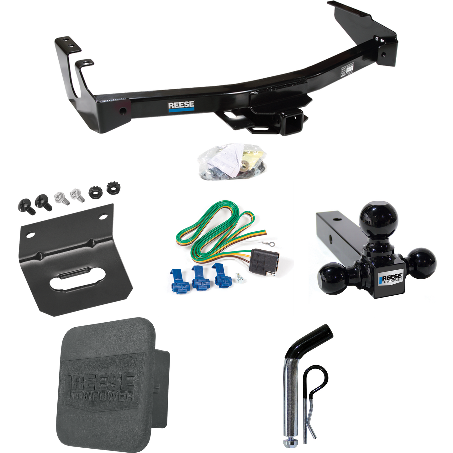 Fits 1994-1994 Dodge B250 Trailer Hitch Tow PKG w/ 4-Flat Wiring + Triple Ball Ball Mount 1-7/8" & 2" & 2-5/16" Trailer Balls + Pin/Clip + Wiring Bracket + Hitch Cover (Excludes: w/Factory Step Bumper Models) By Reese Towpower