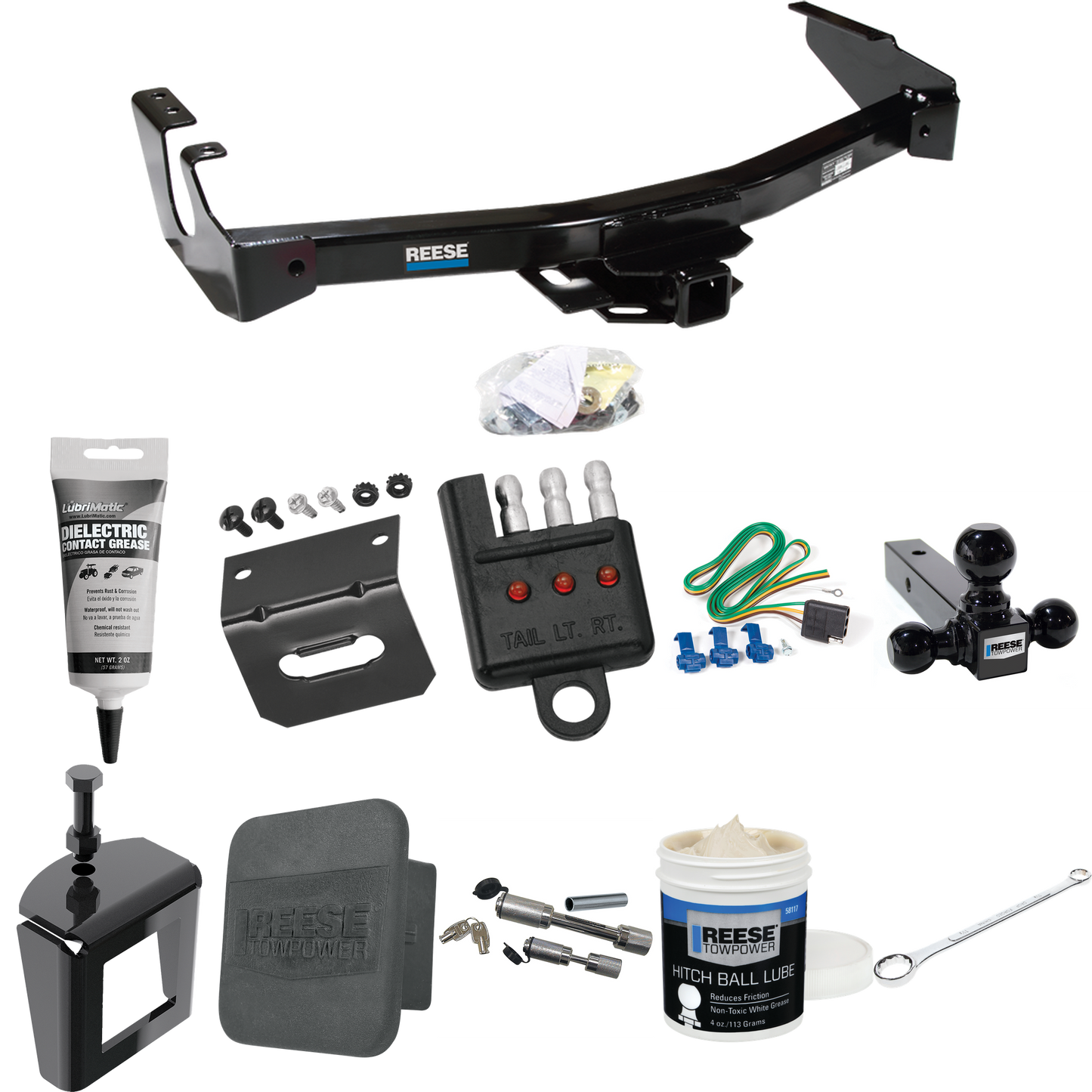 Fits 1995-1998 Dodge B2500 Trailer Hitch Tow PKG w/ 4-Flat Wiring + Triple Ball Ball Mount 1-7/8" & 2" & 2-5/16" Trailer Balls + Wiring Bracket + Hitch Cover + Dual Hitch & Coupler Locks + Wiring Tester + Ball Lube + Electric Grease + Ball Wrench + A