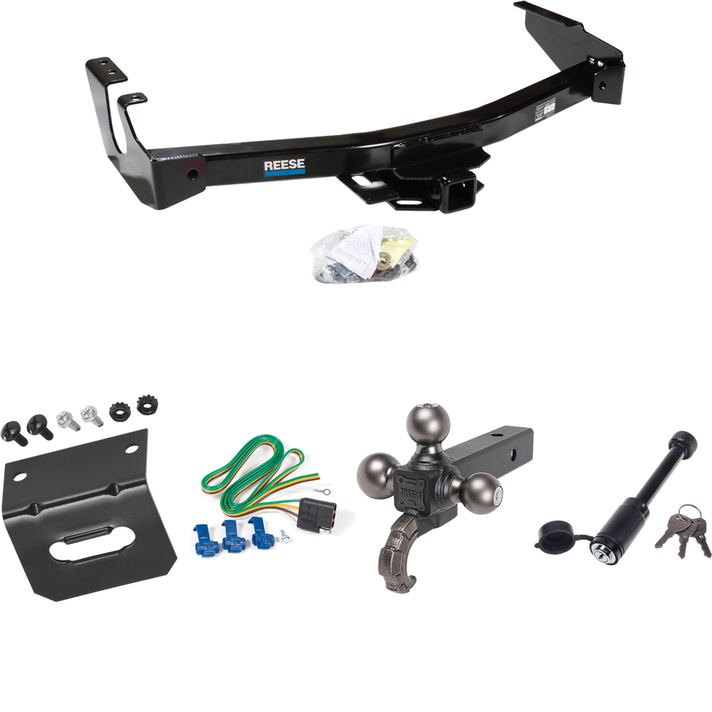 Fits 1999-2000 Dodge Ram 3500 Van Trailer Hitch Tow PKG w/ 4-Flat Wiring + Tactical Triple Ball Ball Mount 1-7/8" & 2" & 2-5/16" Balls & Tow Hook + Tactical Dogbone Lock + Wiring Bracket (Excludes: w/Factory Step Bumper Models) By Reese Towpower