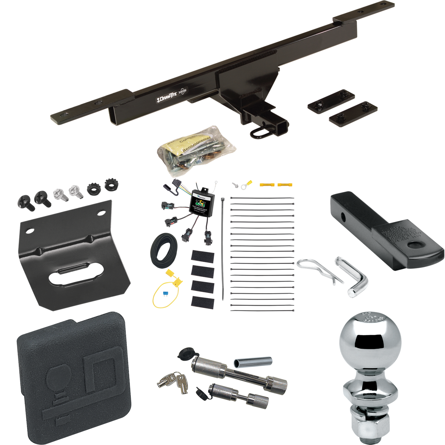 Fits 2016-2019 Volkswagen Passat Trailer Hitch Tow PKG w/ 4-Flat Zero Contact "No Splice" Wiring Harness + Draw-Bar + 2" Ball + Wiring Bracket + Hitch Cover + Dual Hitch & Coupler Locks (For SE & SEL Only Models) By Draw-Tite