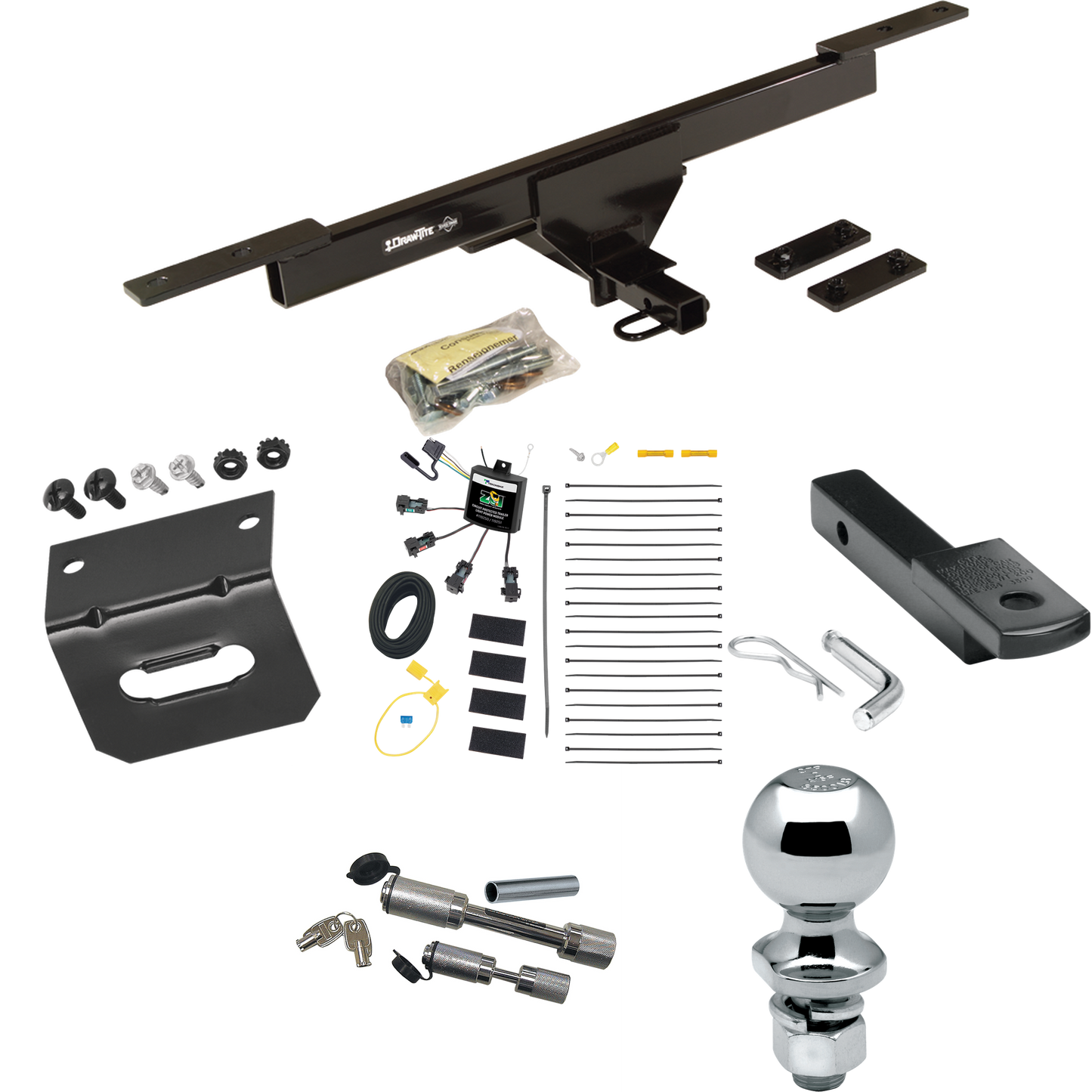 Fits 2017-2019 Volkswagen Passat Trailer Hitch Tow PKG w/ 4-Flat Zero Contact "No Splice" Wiring Harness + Draw-Bar + 2" Ball + Wiring Bracket + Dual Hitch & Coupler Locks By Draw-Tite