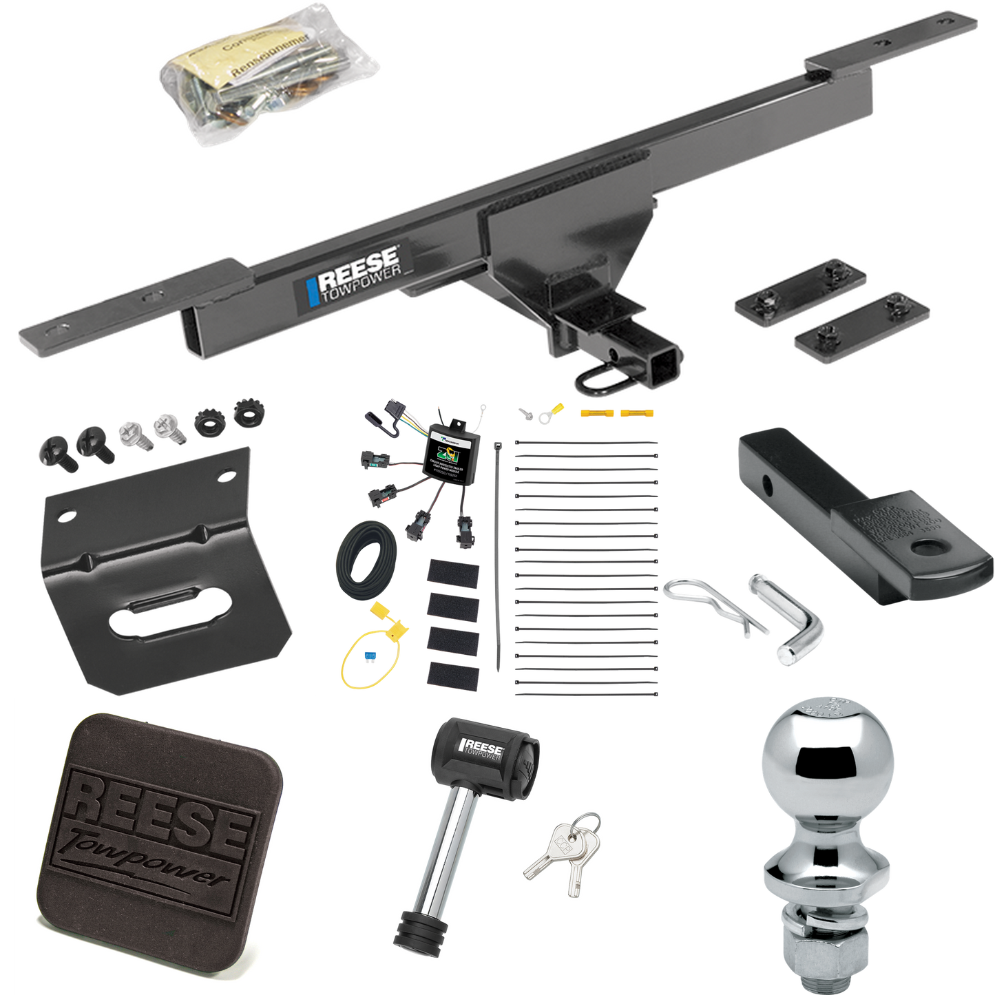 Fits 2016-2022 Volkswagen Passat Trailer Hitch Tow PKG w/ 4-Flat Zero Contact "No Splice" Wiring Harness + Draw-Bar + 1-7/8" Ball + Wiring Bracket + Hitch Cover + Hitch Lock (Excludes: SE & SEL Models) By Reese Towpower